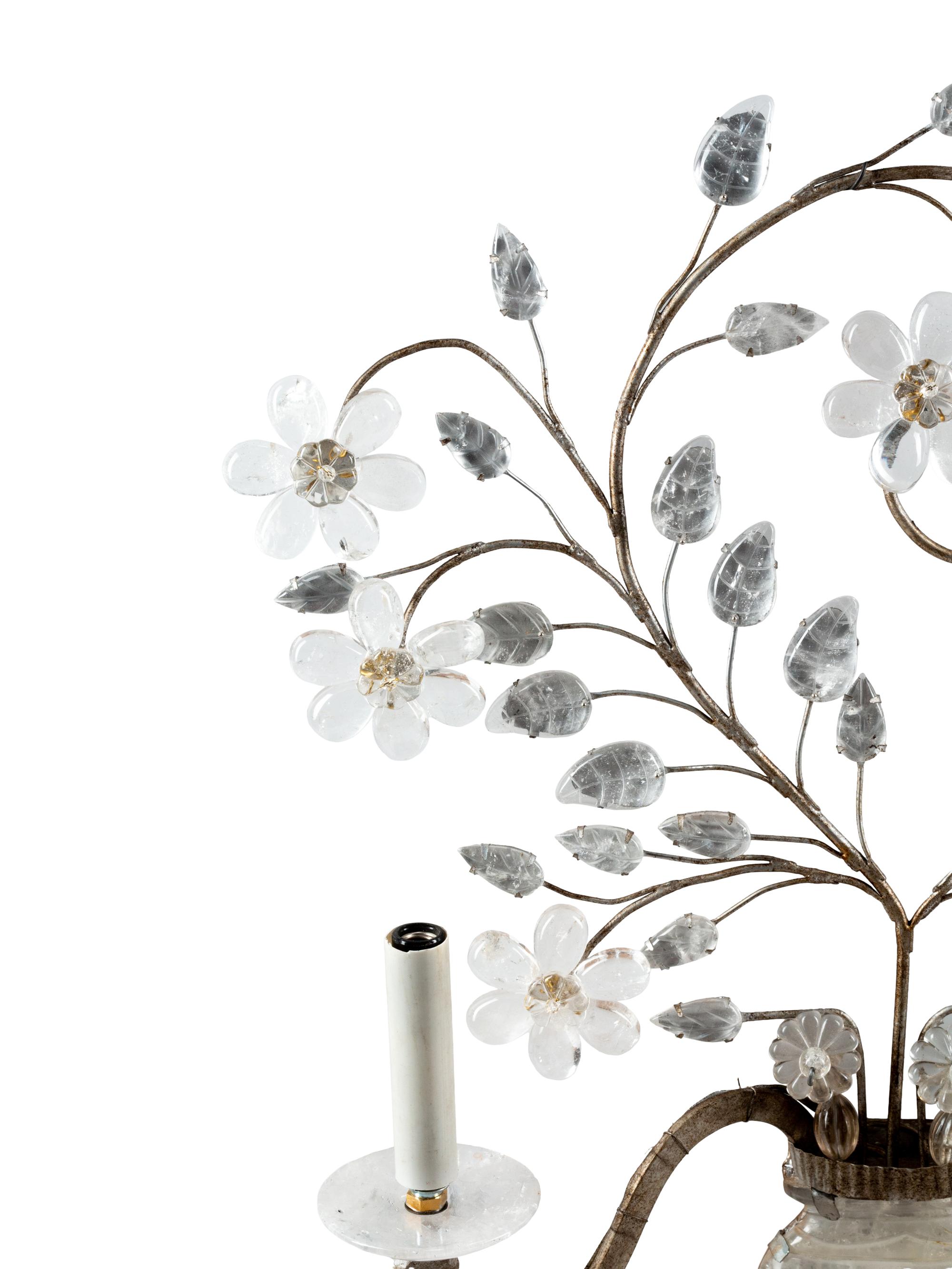 A Pair of Silvered Metal and Rock Crystal Two-Light Sconces in the Style of Maison Baguès