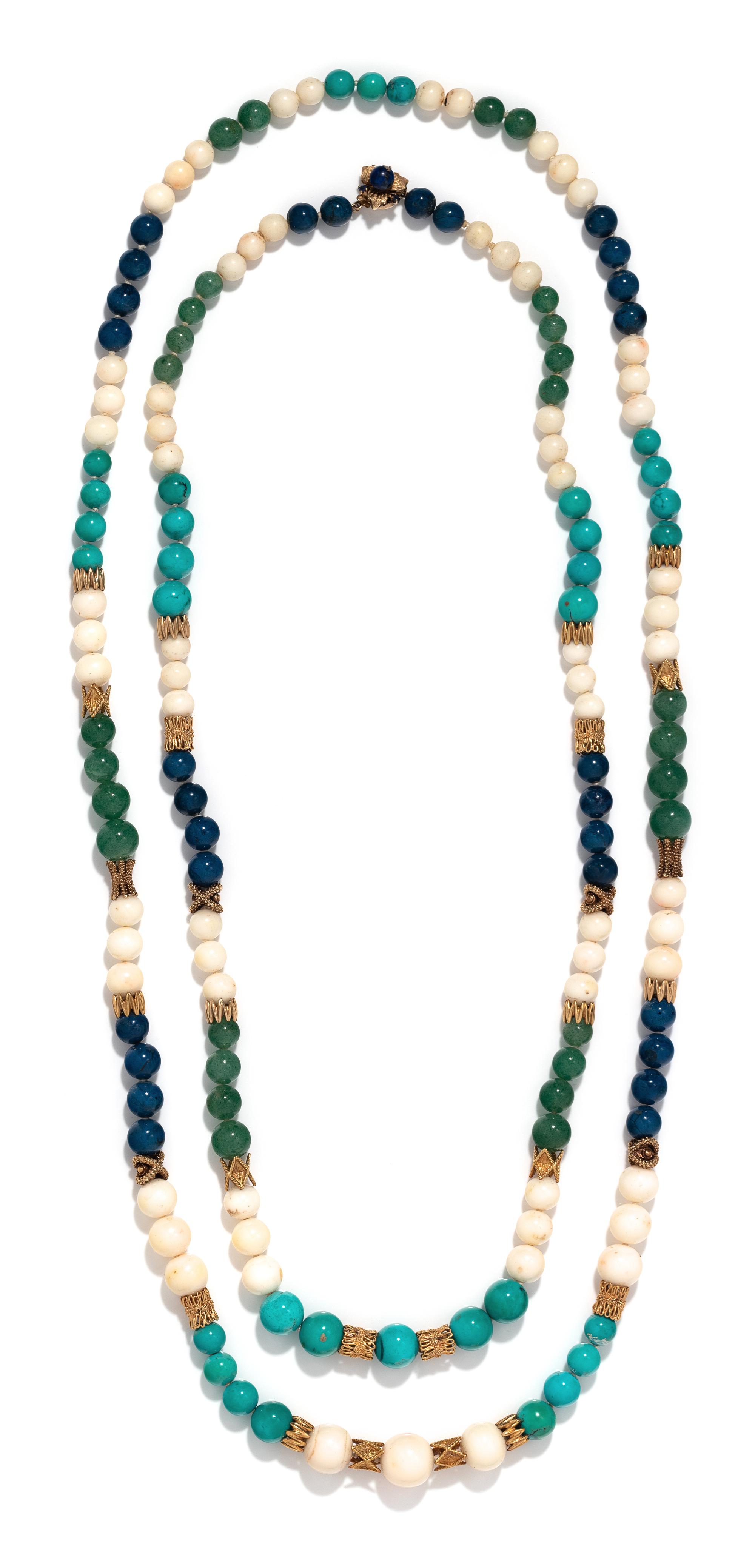 COLLECTION OF YELLOW GOLD AND HARDSTONE BEAD NECKLACES