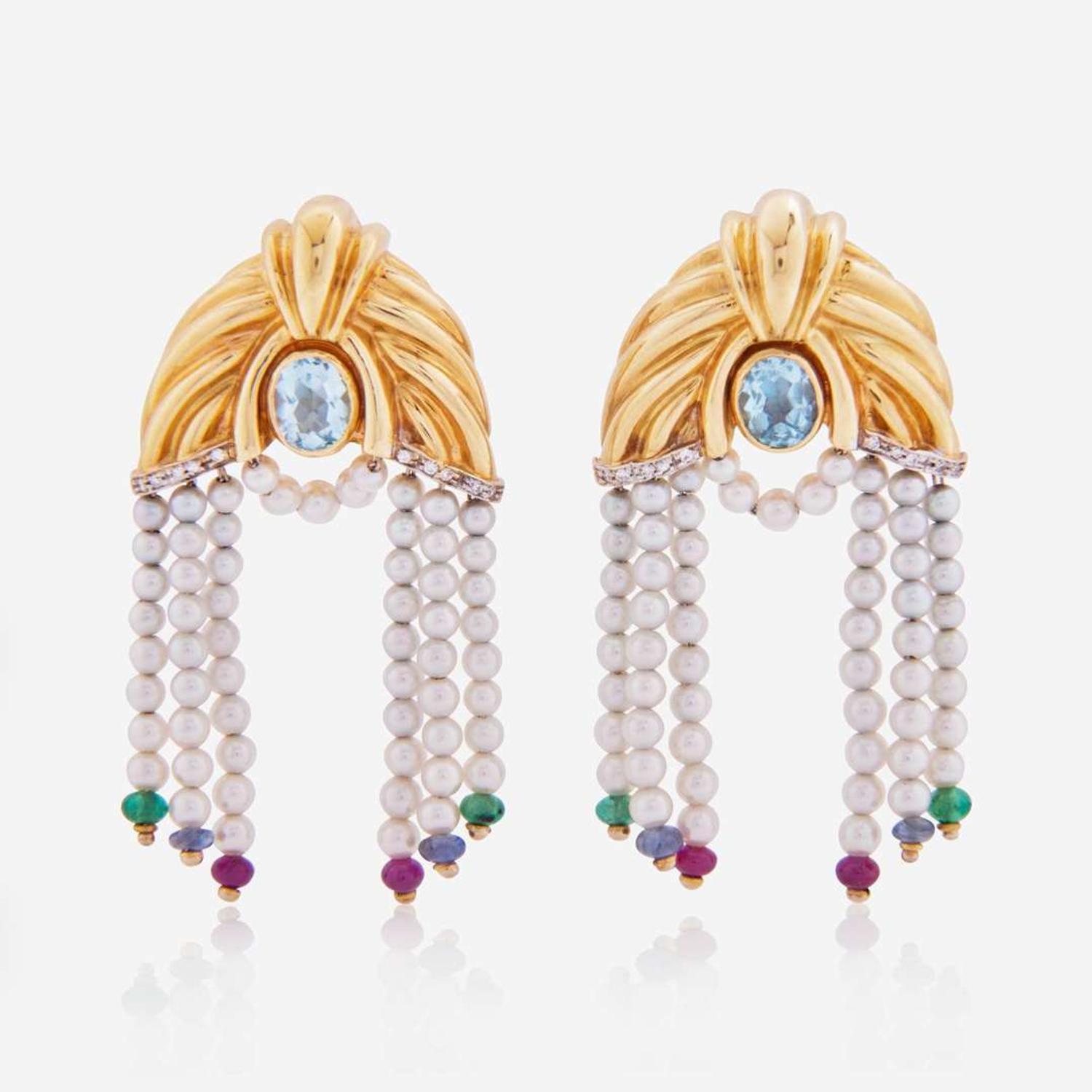 A Pair of 18K Yellow Gold and Gemstone Roberto Legnazzi Ear Clips