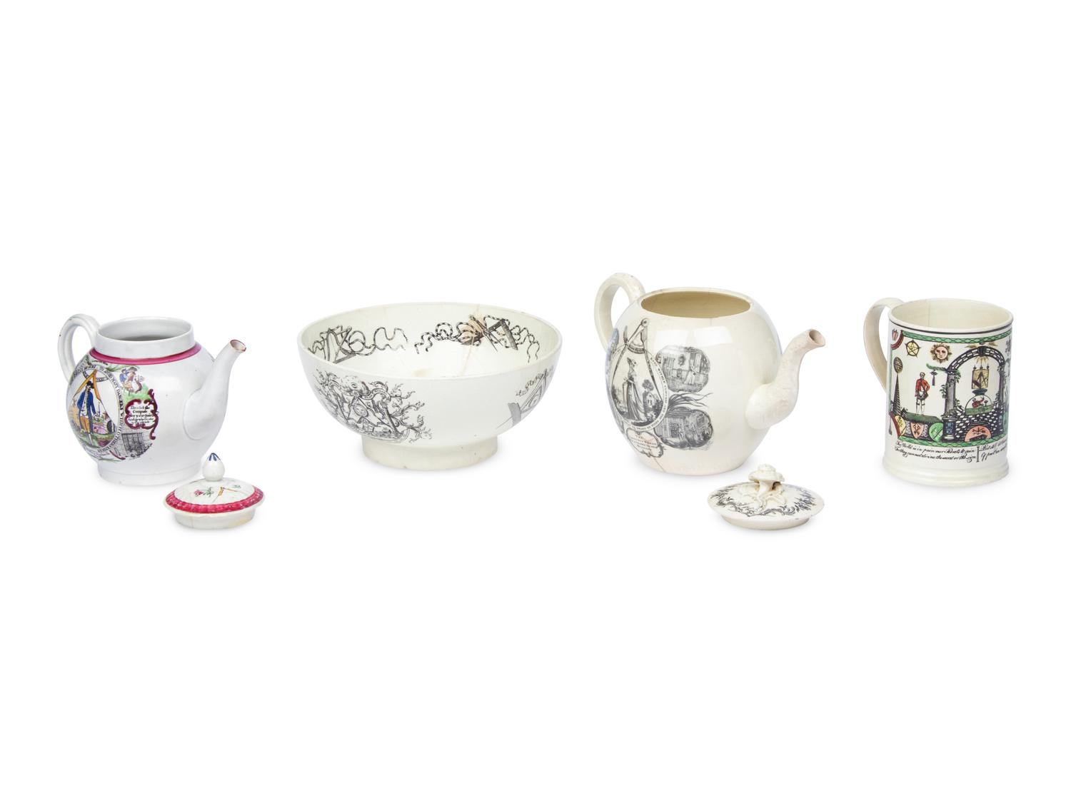 A Group Of Four English Transfer-Printed Creamware And Pearlware Articles With Masonic Decoration