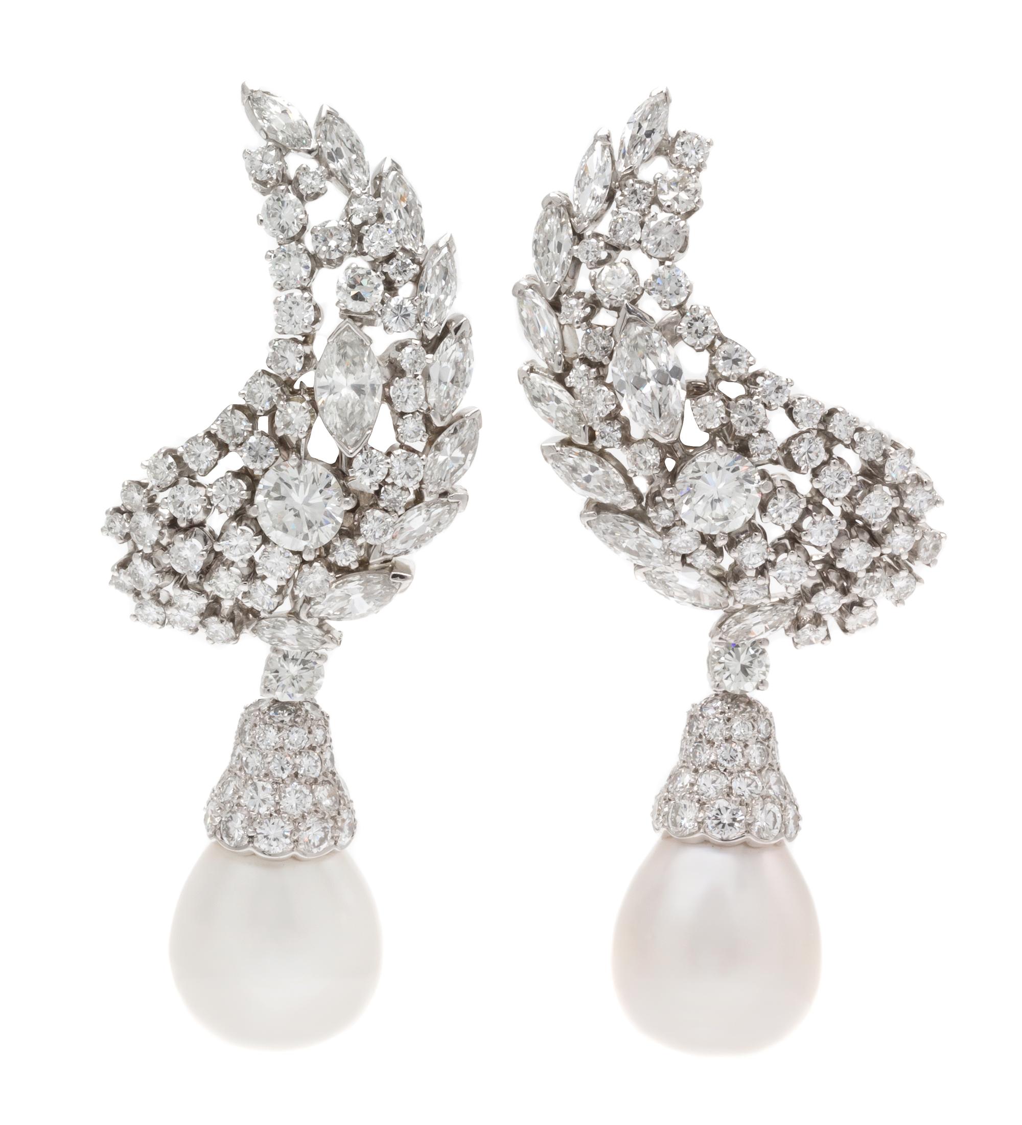 A Pair of Platinum, Diamond and Cultured Pearl Earclips, Seaman Schepps, 28.15 dwts.
