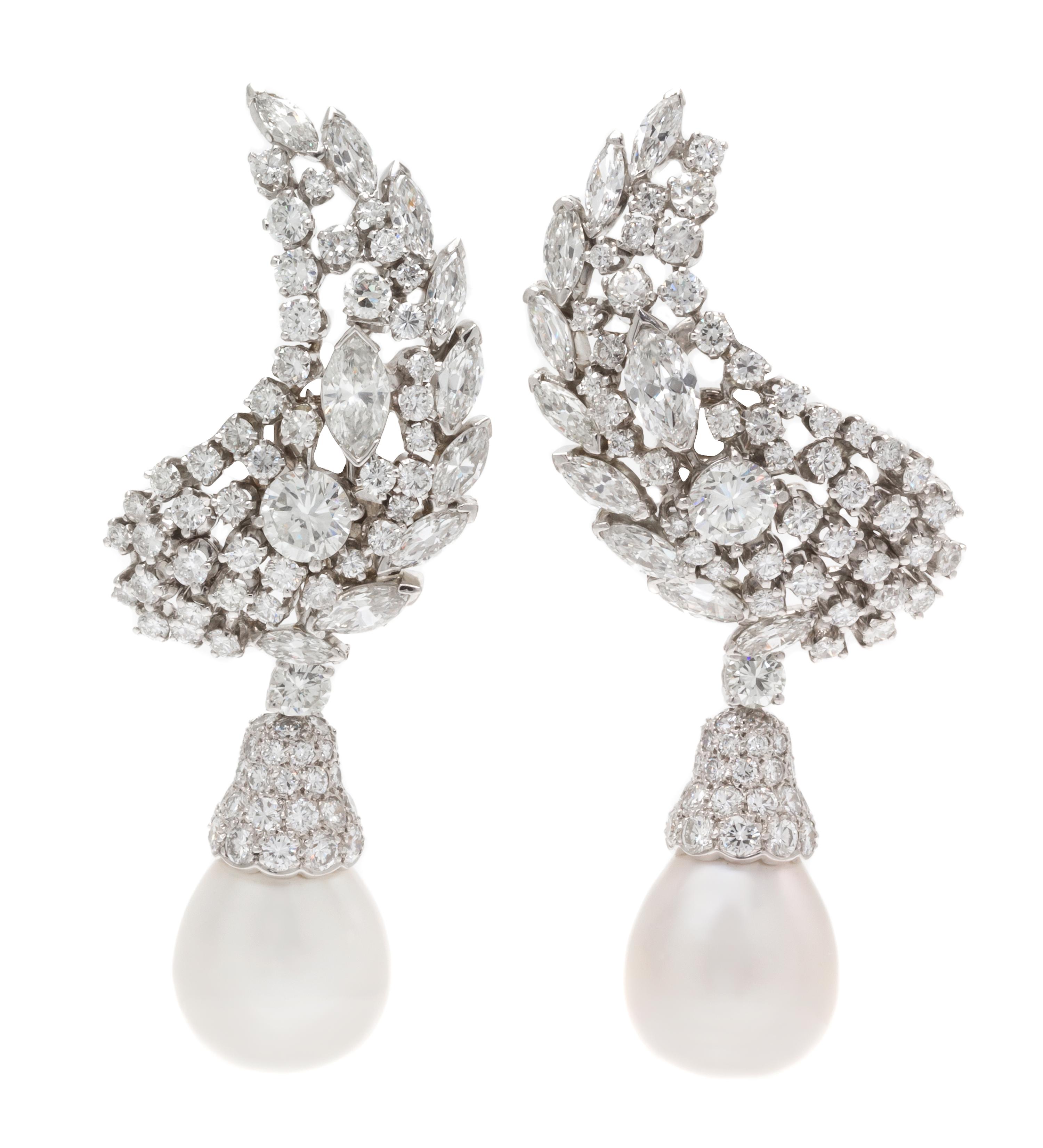 A Pair of Platinum, Diamond and Cultured Pearl Earclips, Seaman Schepps, 28.15 dwts.