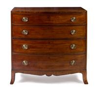 A George III Mahogany Bowfront Chest of Drawers Height 40 1/2 x width 41 1/2 x depth 21 3/4 inches.