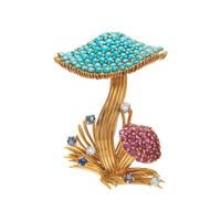 MULTIGEM AND DIAMOND MUSHROOM BROOCH