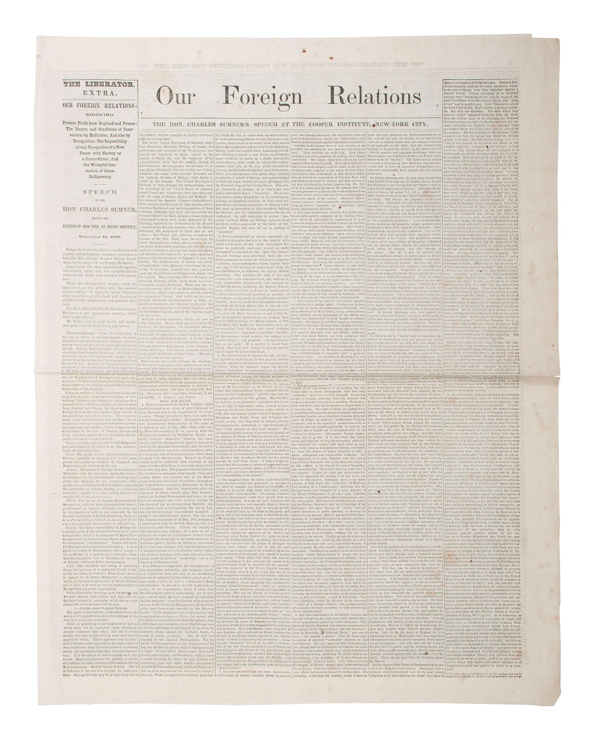 [SLAVERY & ABOLITION]. A group of 4 anti-slavery newspapers highlighted by The Liberator Extra featuring a printing of Charles Sumner's 1863 speech at Cooper Institute, comprising: