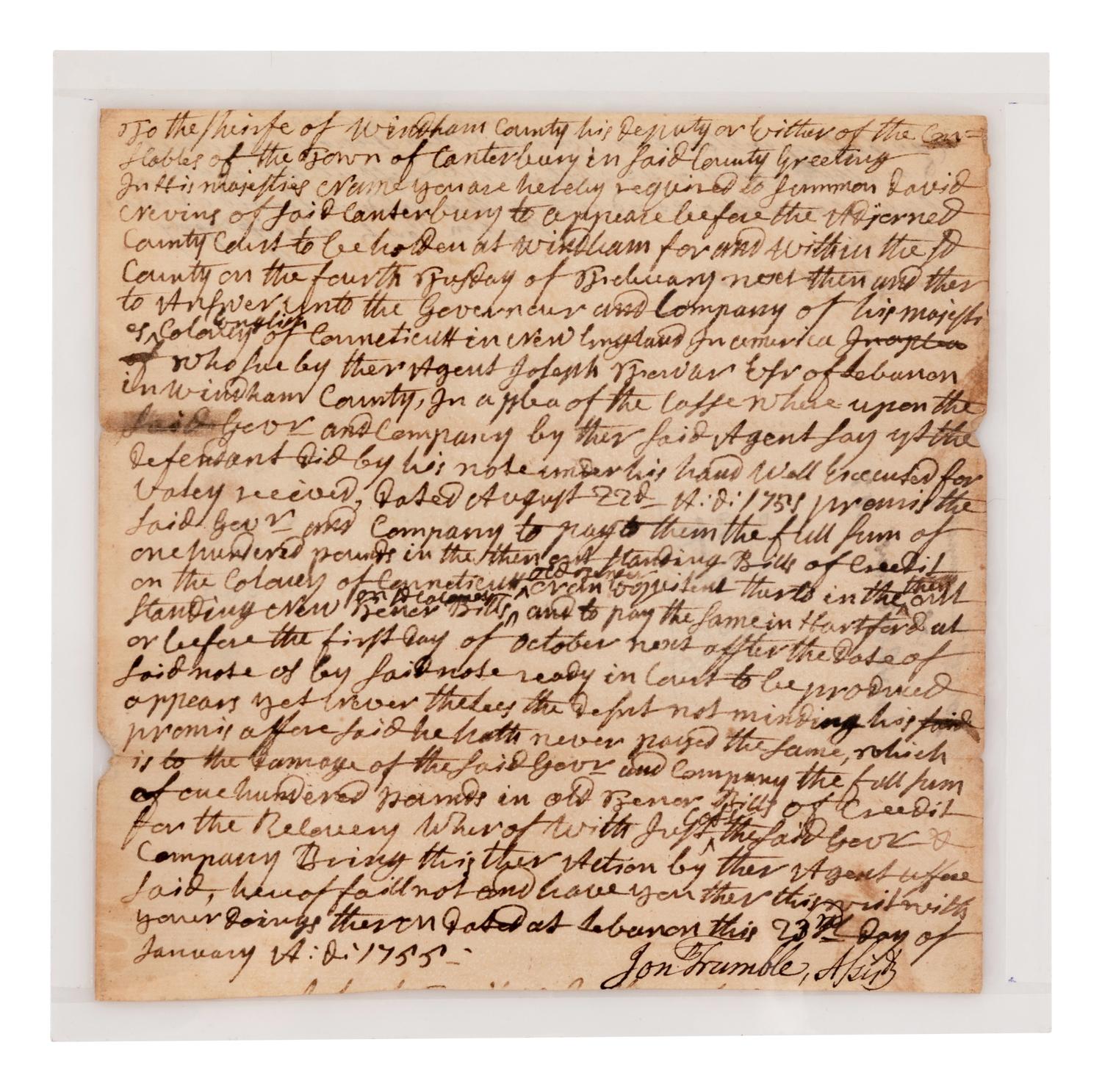TRUMBULL, Jonathan (1710-1785), Governor of Connecticut. Document signed ("Jon Trumble"). N.p., n.d.
