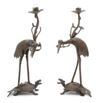 A Pair of Asian Bronze Crane-Form Candelabra Height 13 inches. — 18TH CENTURY