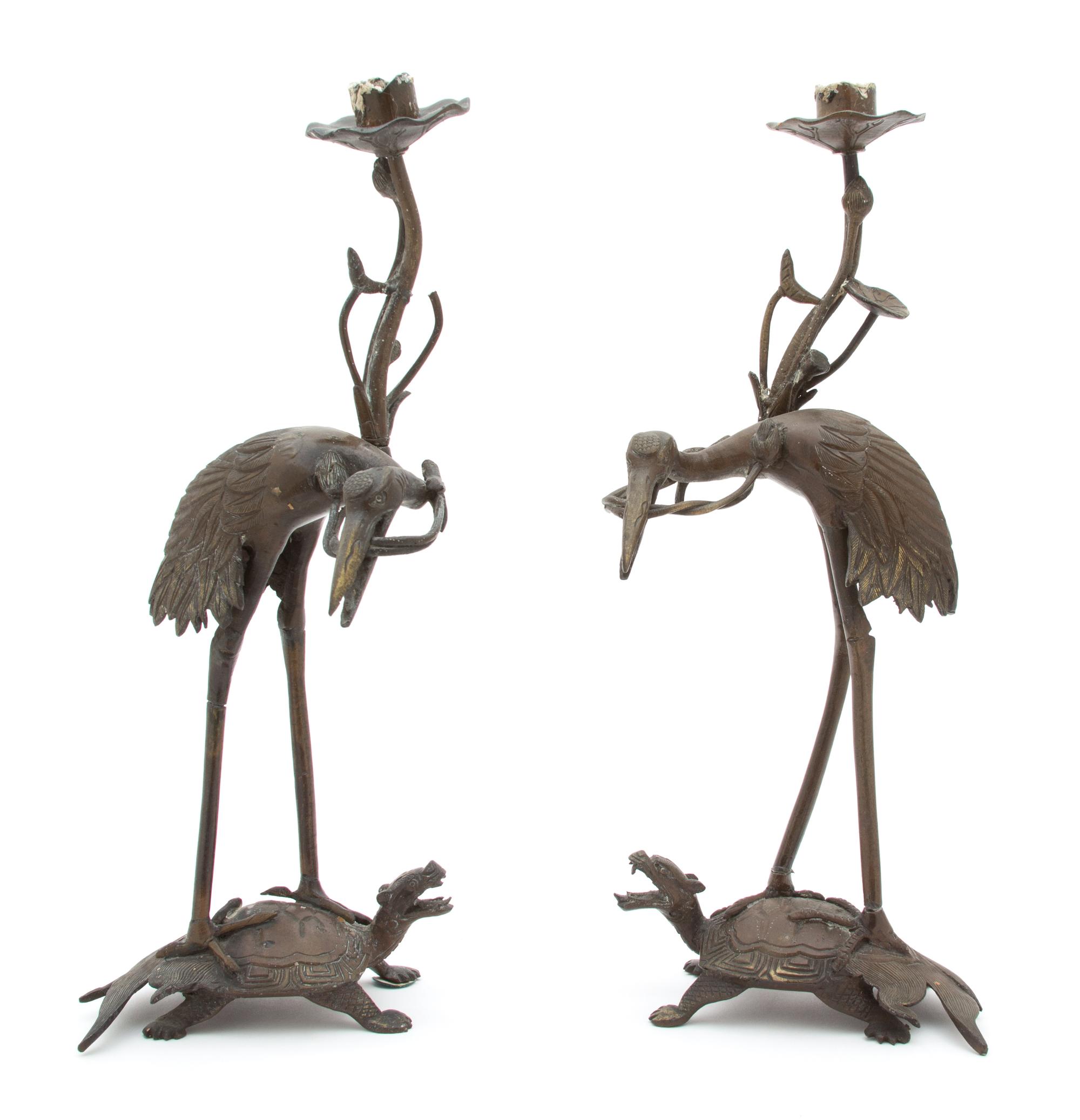 A Pair of Asian Bronze Crane-Form Candelabra Height 13 inches. — 18TH CENTURY