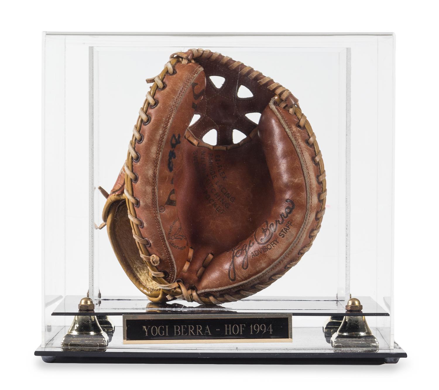 A Yogi Berra Autographed Catchers Mitt Height of display case 11 1/2 x width 13 x depth 9 1/2 inches.