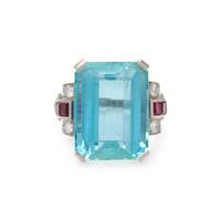 RETRO, AQUAMARINE, DIAMOND AND RUBY RING