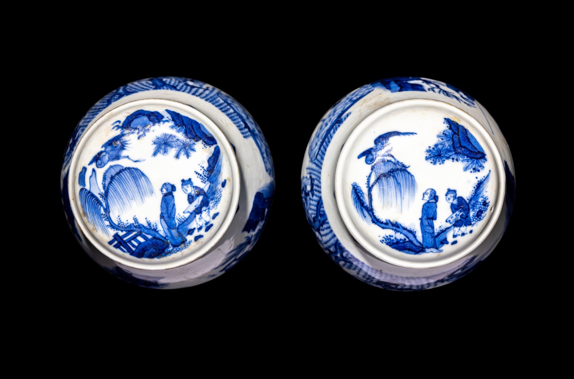 A Matched Pair of Chinese Blue and White Porcelain Covered Jars