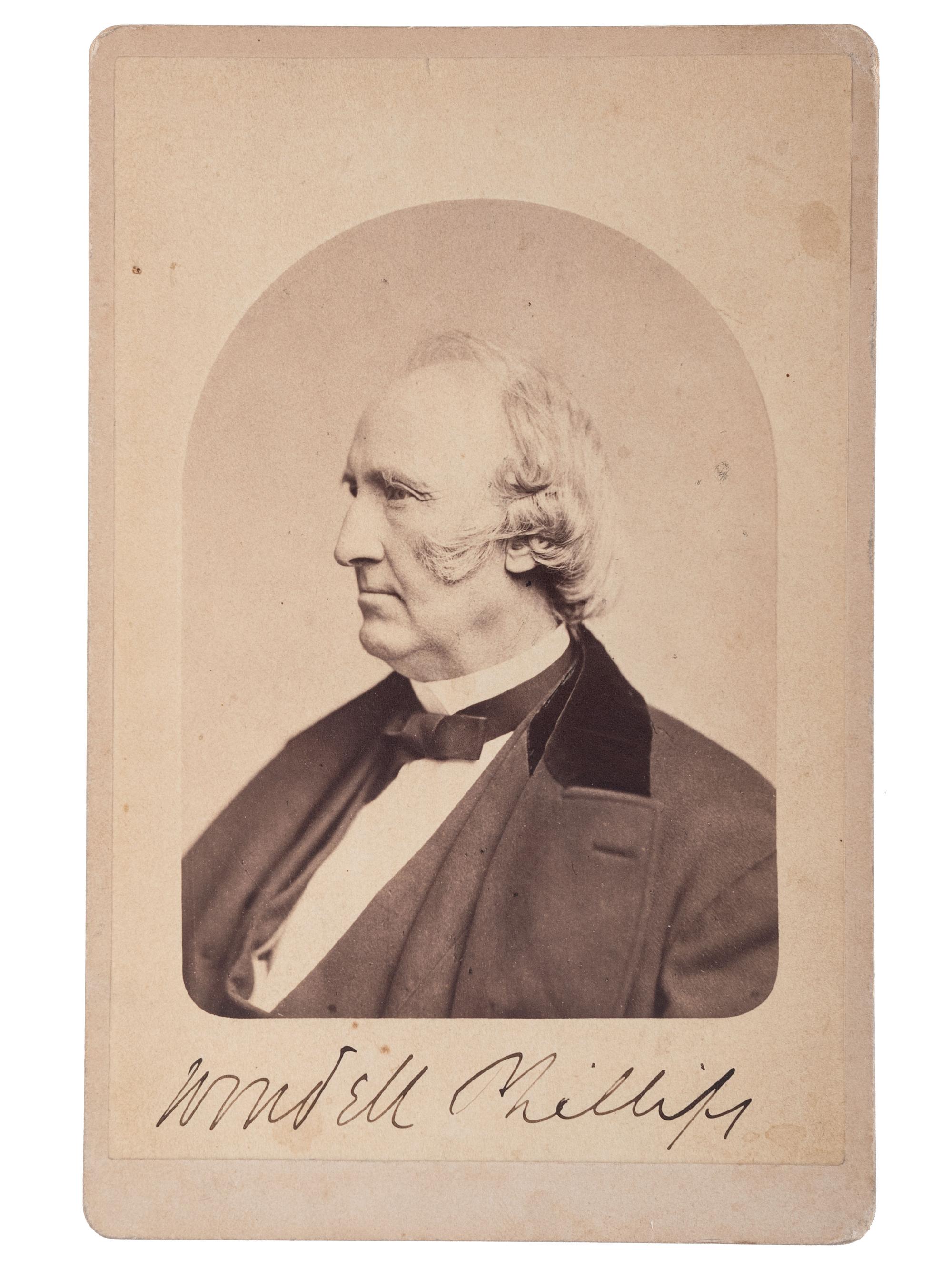 [SLAVERY & ABOLITION]. A signed cabinet card of abolitionist Wendell Phillips with 13 abolition-related pamphlets, especially concerning the Confiscation Acts, comprising: