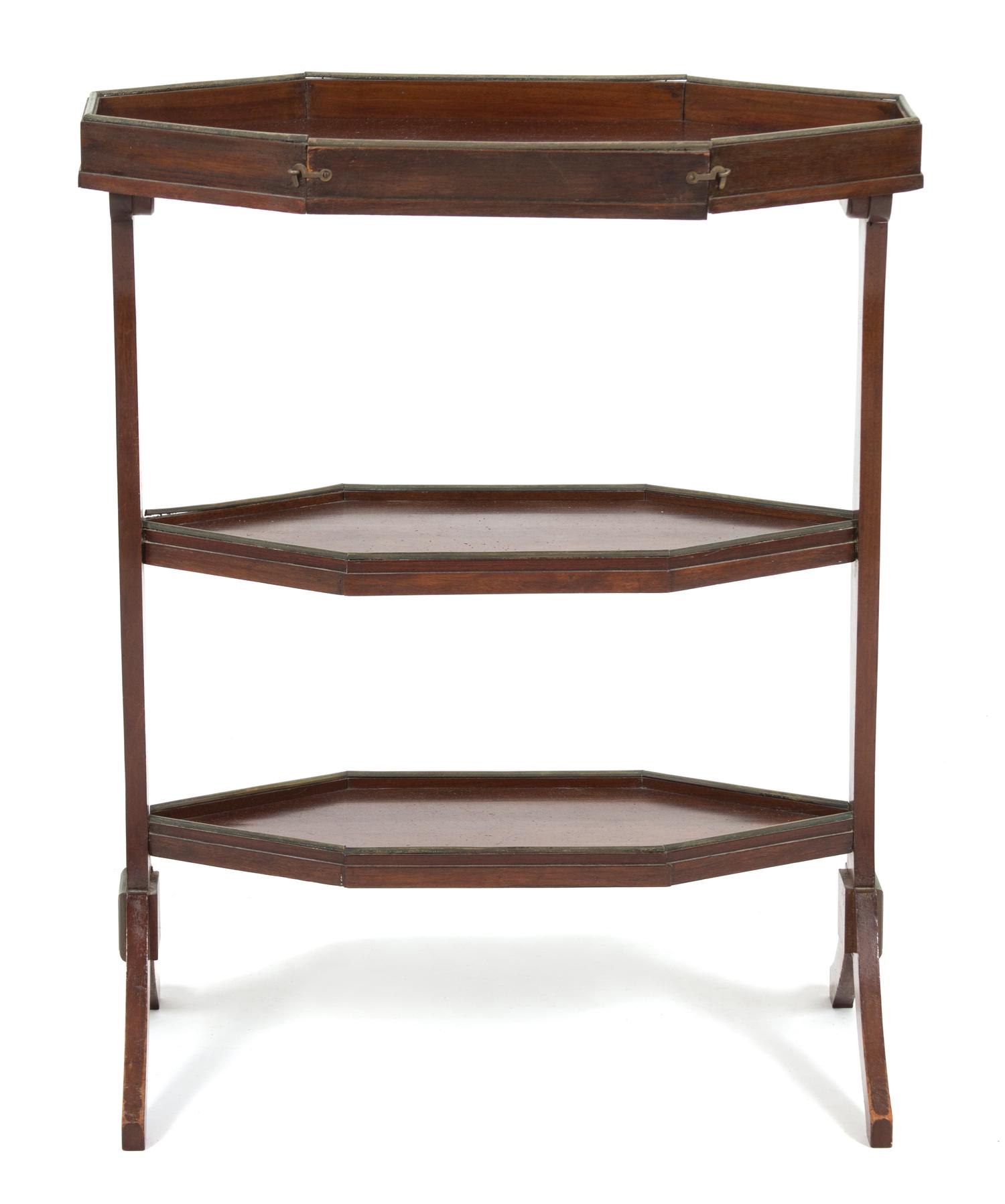 A Regency Style Brass Mounted Mahogany Three Tier Cake Stand Height 26 3/4 x width 21 1/2 x depth 10 1/4 inches. — 19TH CENTURY