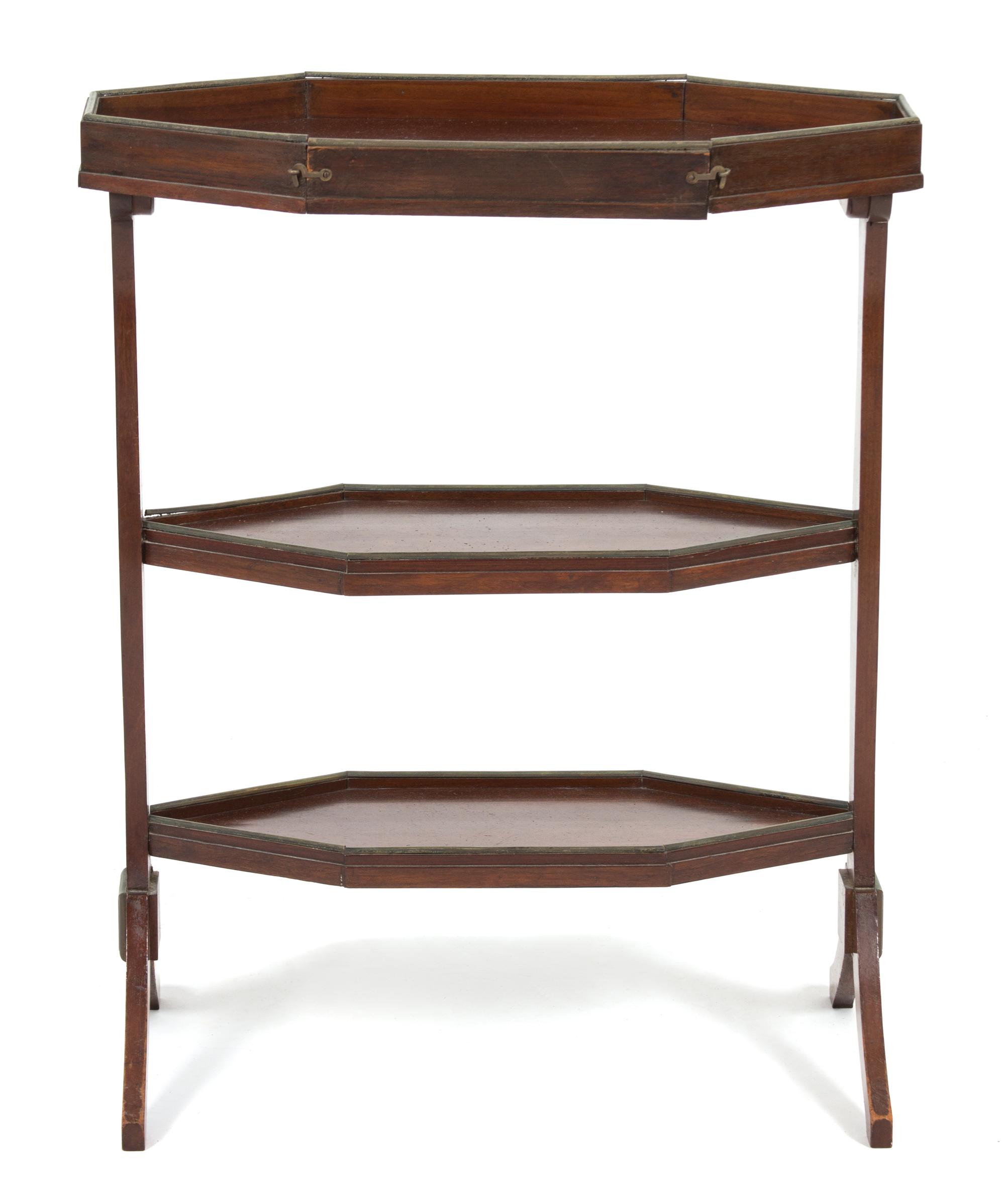 A Regency Style Brass Mounted Mahogany Three Tier Cake Stand Height 26 3/4 x width 21 1/2 x depth 10 1/4 inches. — 19TH CENTURY