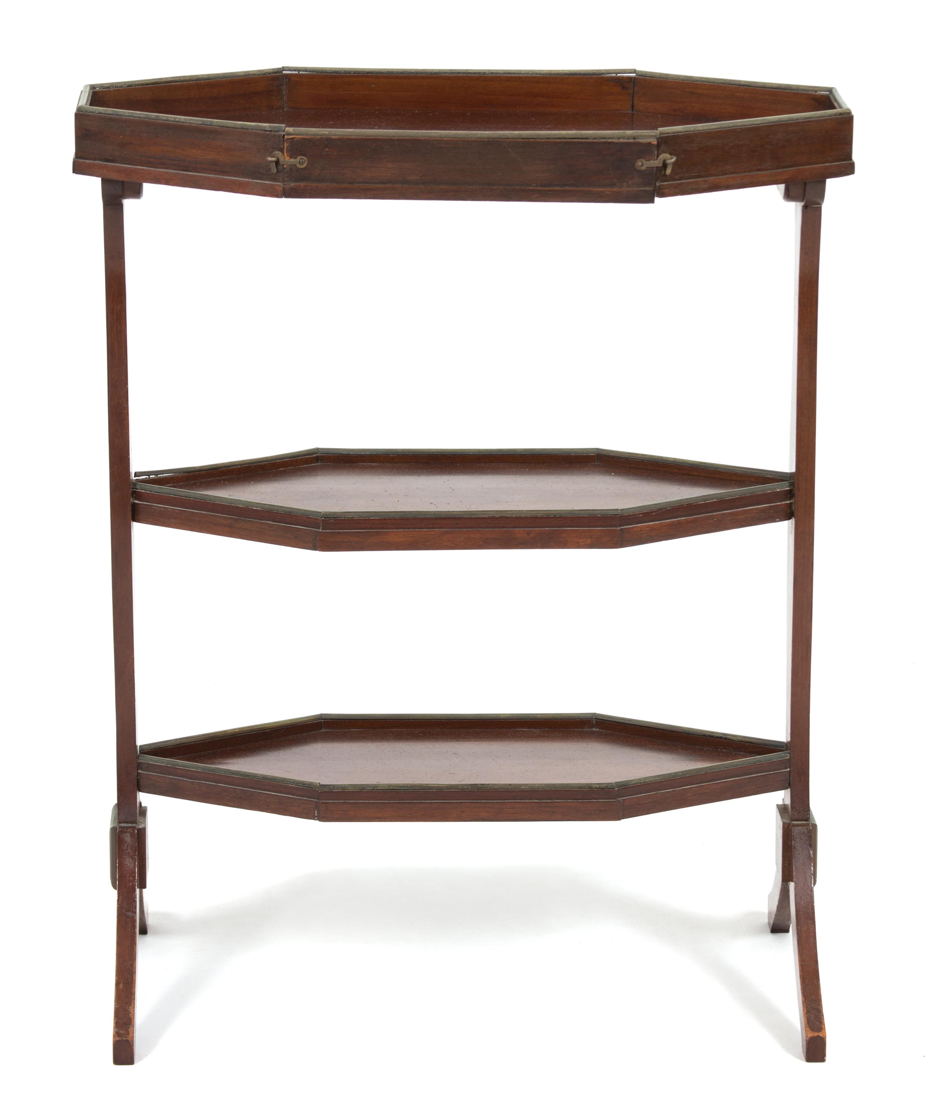 A Regency Style Brass Mounted Mahogany Three Tier Cake Stand Height 26 3/4 x width 21 1/2 x depth 10 1/4 inches. — 19TH CENTURY