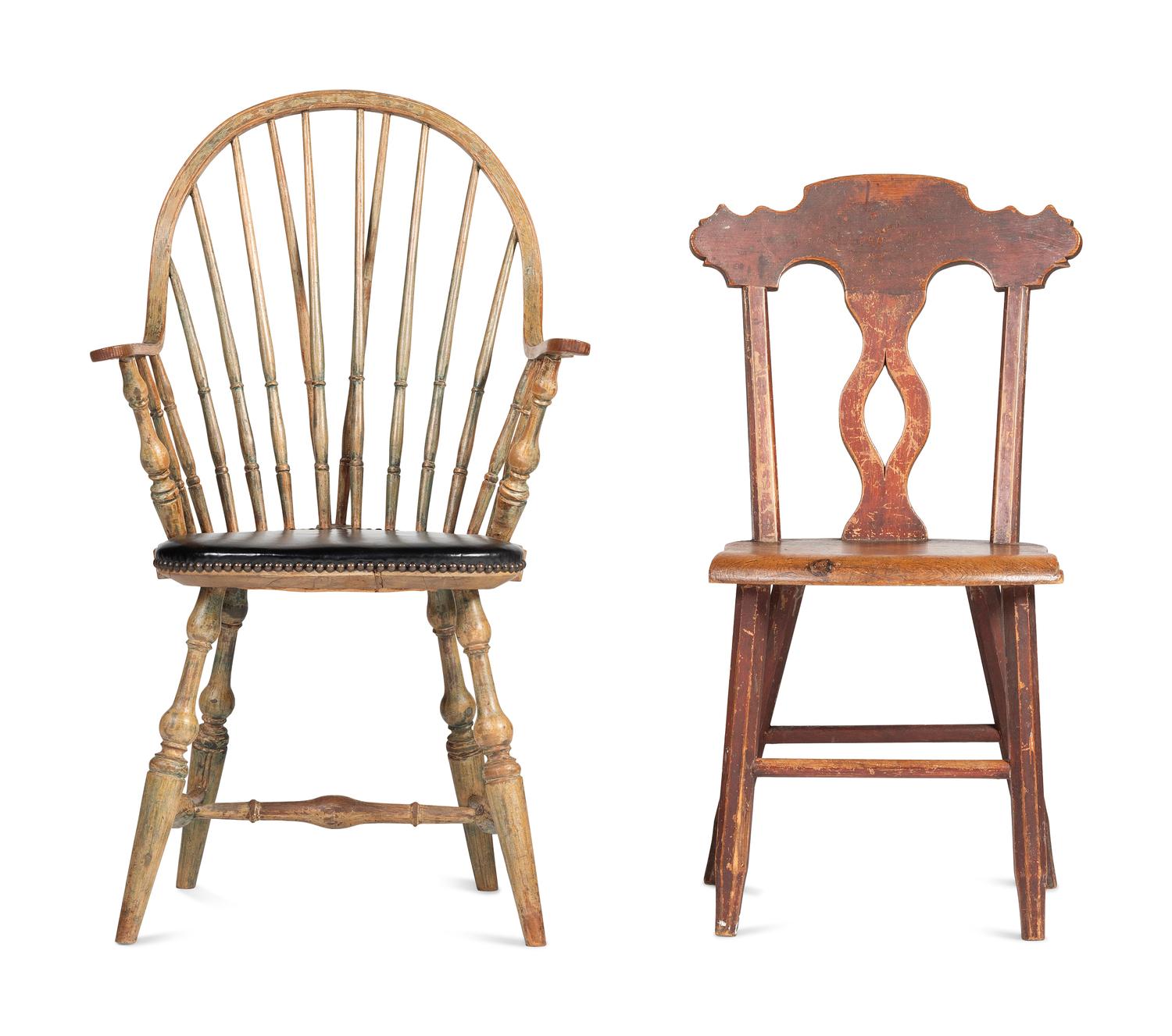 A Carved and Yellow-Painted Wood Leather Upholstered Brace Back Continuous Windsor Armchair