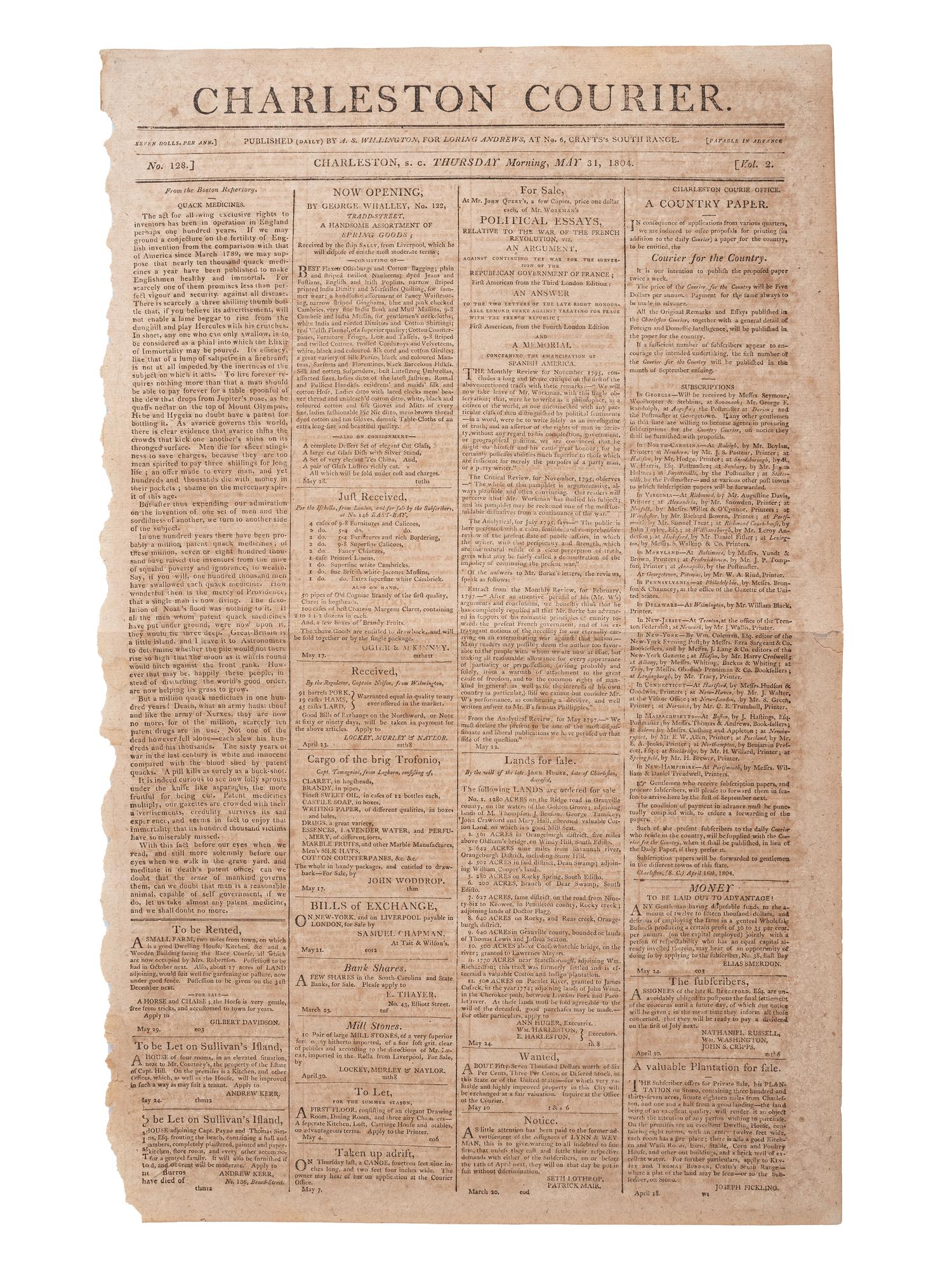 [SLAVERY & ABOLITION]. Charleston Courier. Vol. 2, No. 128. Charleston, SC: A.S. Willington, 31 May 1804.