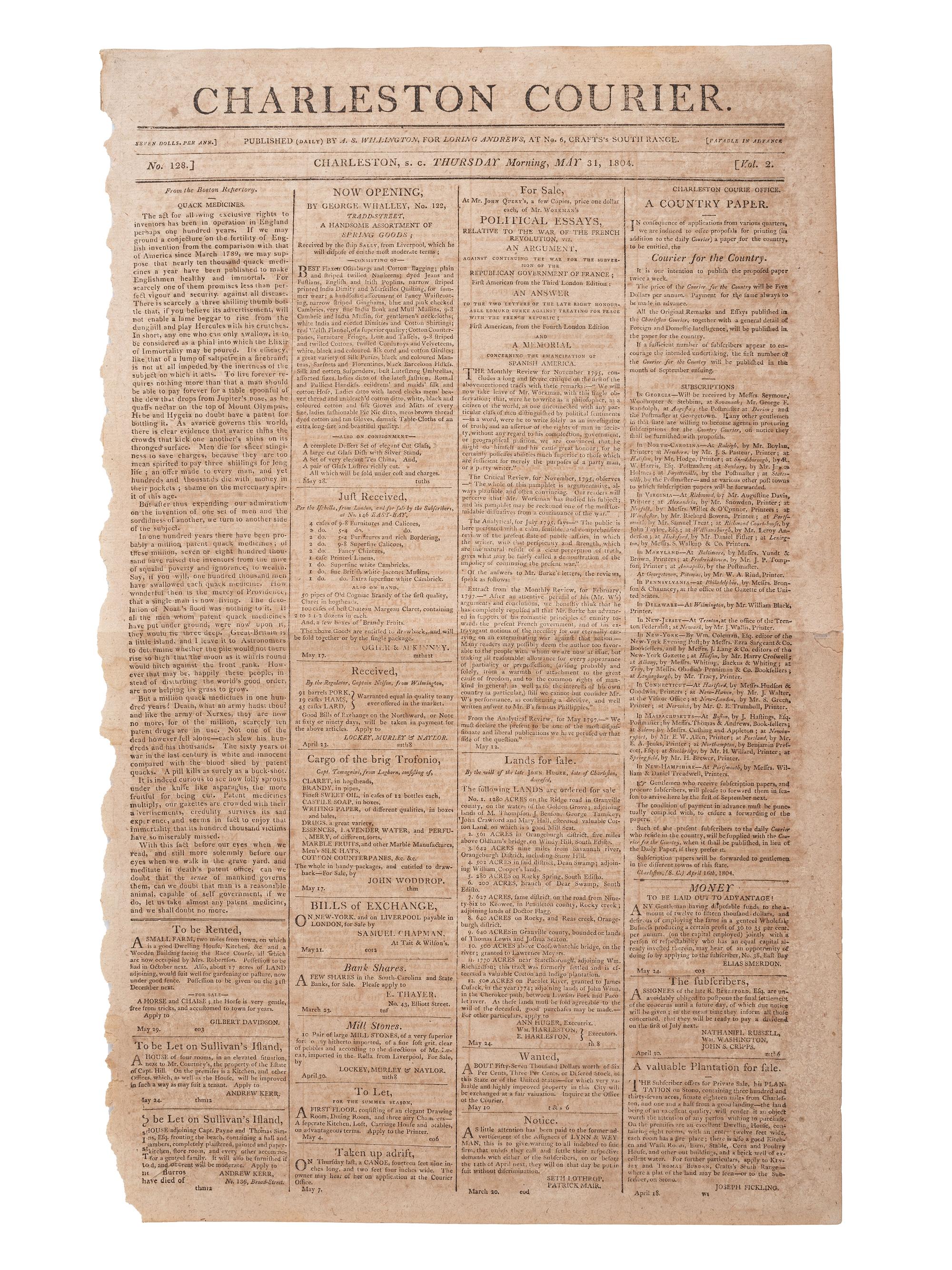 [SLAVERY & ABOLITION]. Charleston Courier. Vol. 2, No. 128. Charleston, SC: A.S. Willington, 31 May 1804.