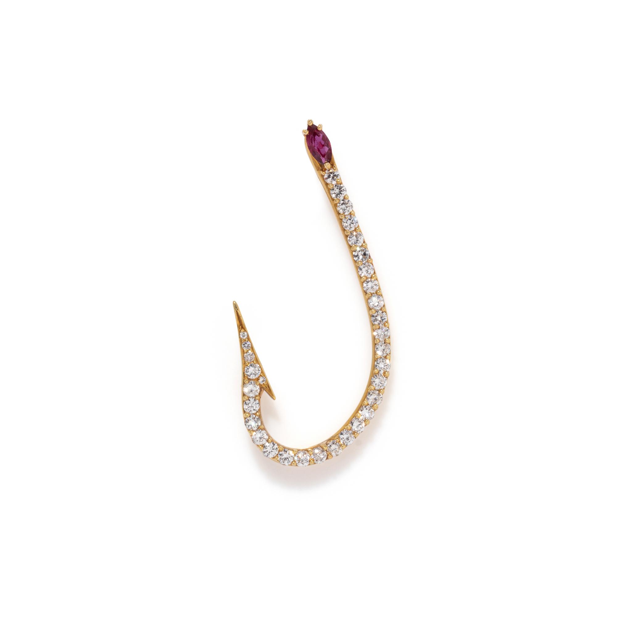 DIAMOND AND RUBY FISH HOOK BROOCH