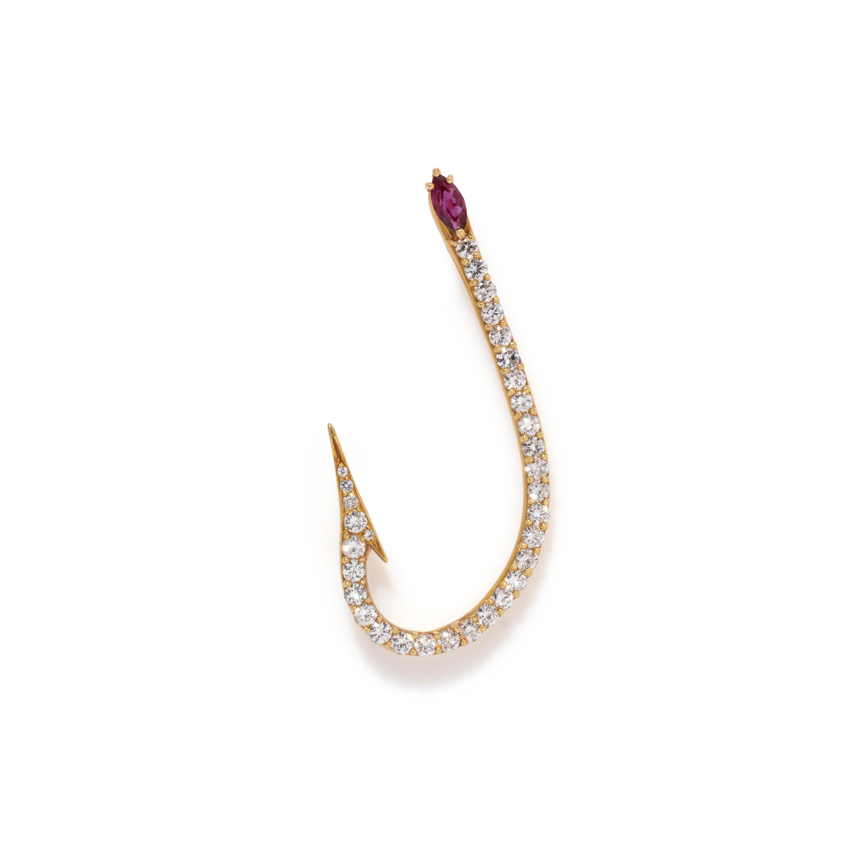 DIAMOND AND RUBY FISH HOOK BROOCH