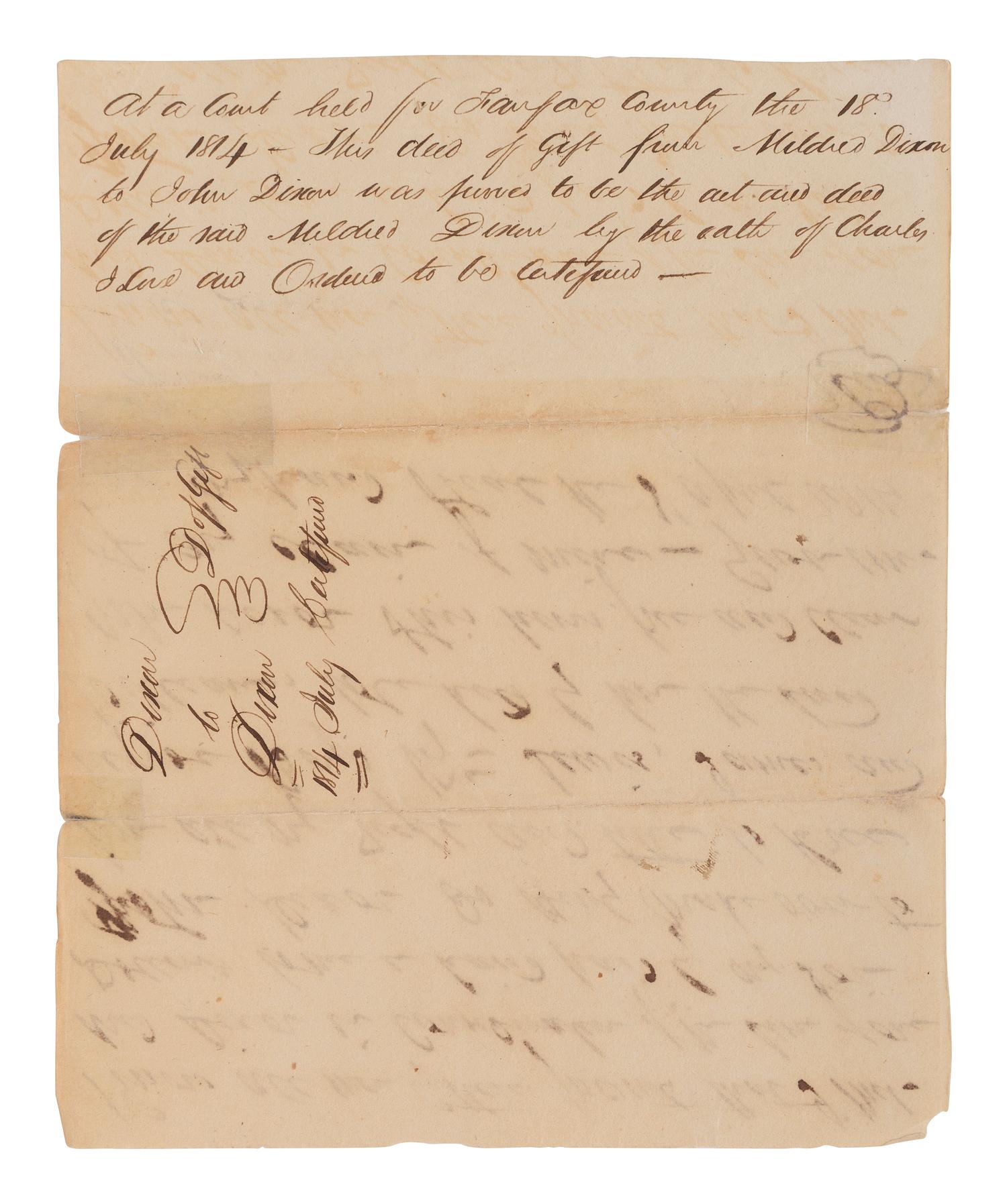 [ENSLAVEMENT]. Manuscript "Deed of Gift" transferring ownership of 3 enslaved males. [VA], 1814.