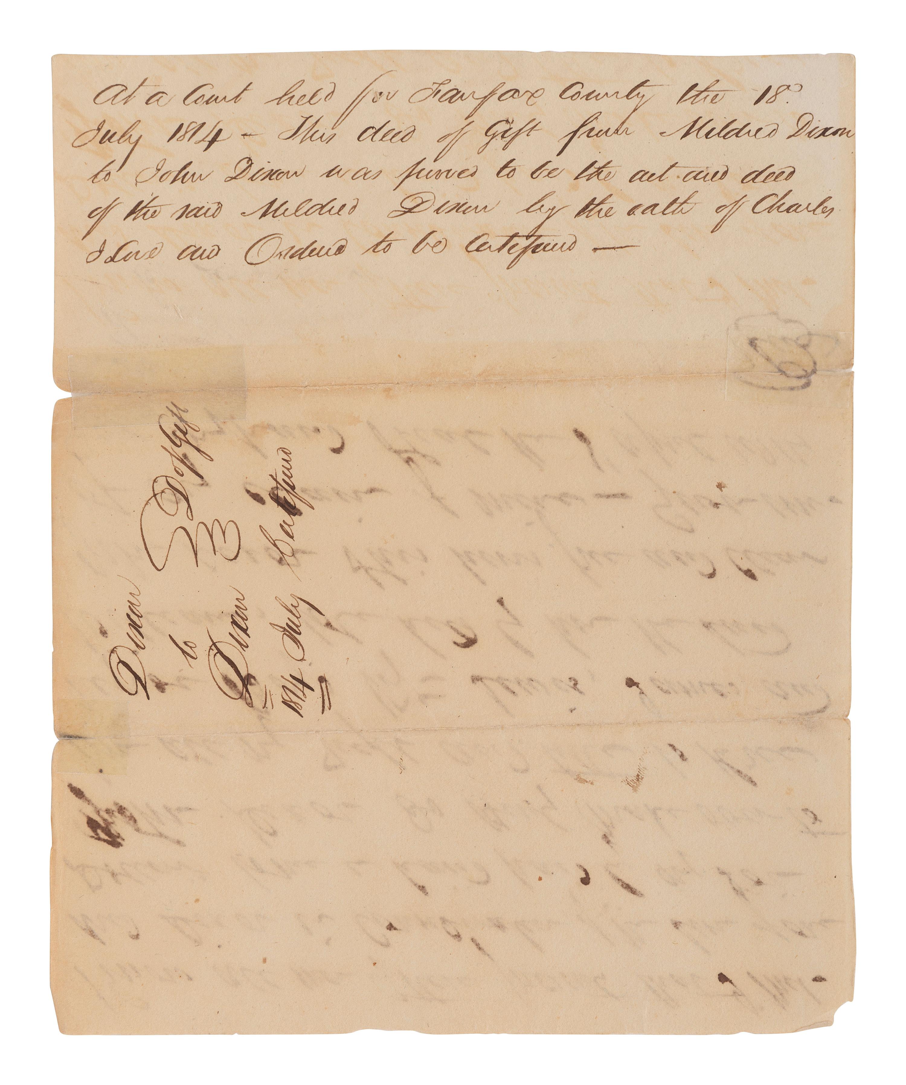 [ENSLAVEMENT]. Manuscript "Deed of Gift" transferring ownership of 3 enslaved males. [VA], 1814.