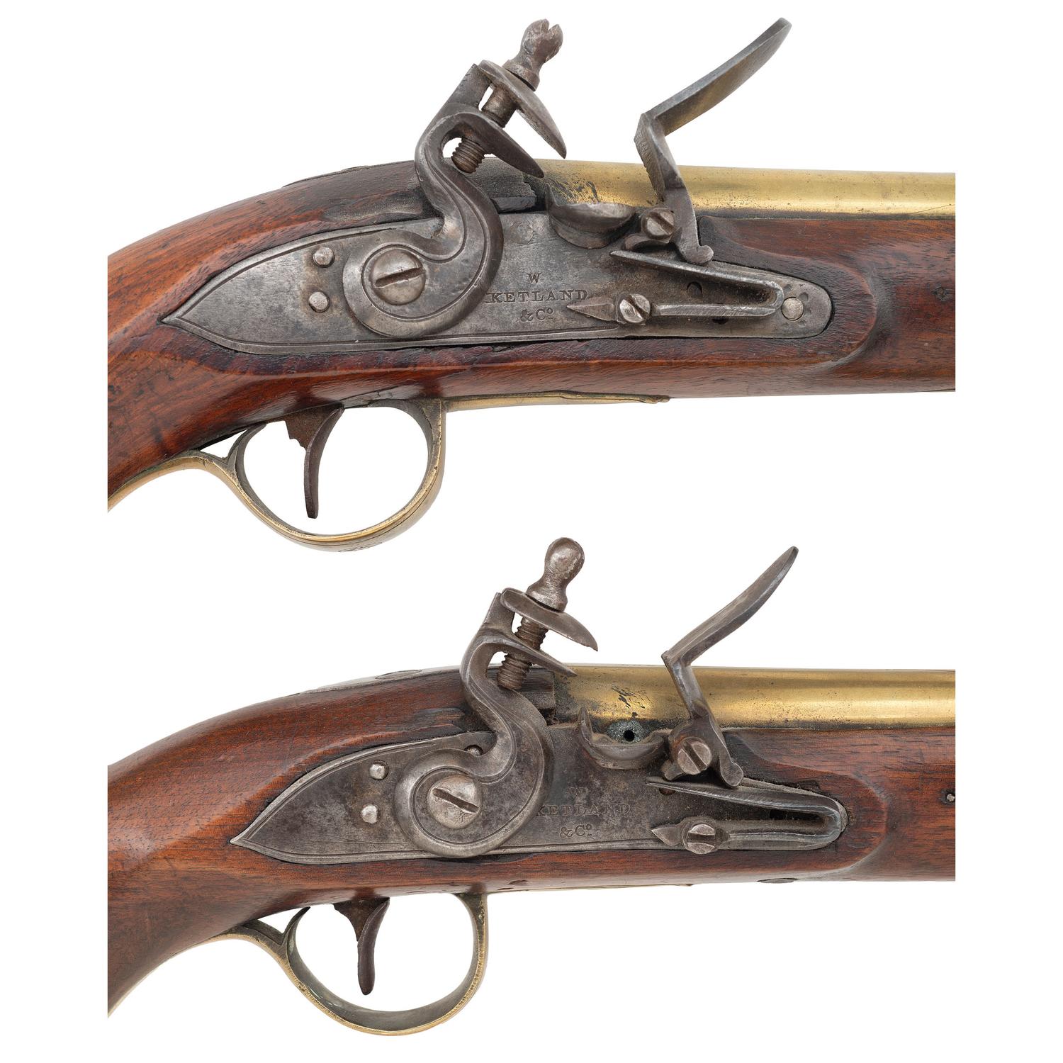 Pair of Brass Barrel Flintlock Canadian Militia Style Pistols by W. Ketland & Co.