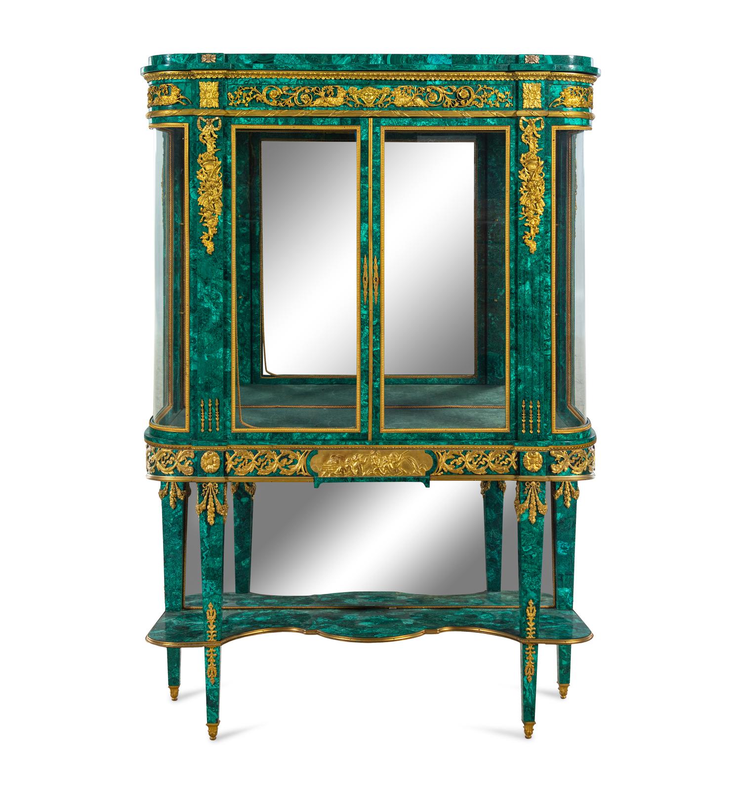 A Louis XVI Style Gilt Bronze Mounted Malachite Veneered Vitrine Cabinet
