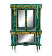 A Louis XVI Style Gilt Bronze Mounted Malachite Veneered Vitrine Cabinet