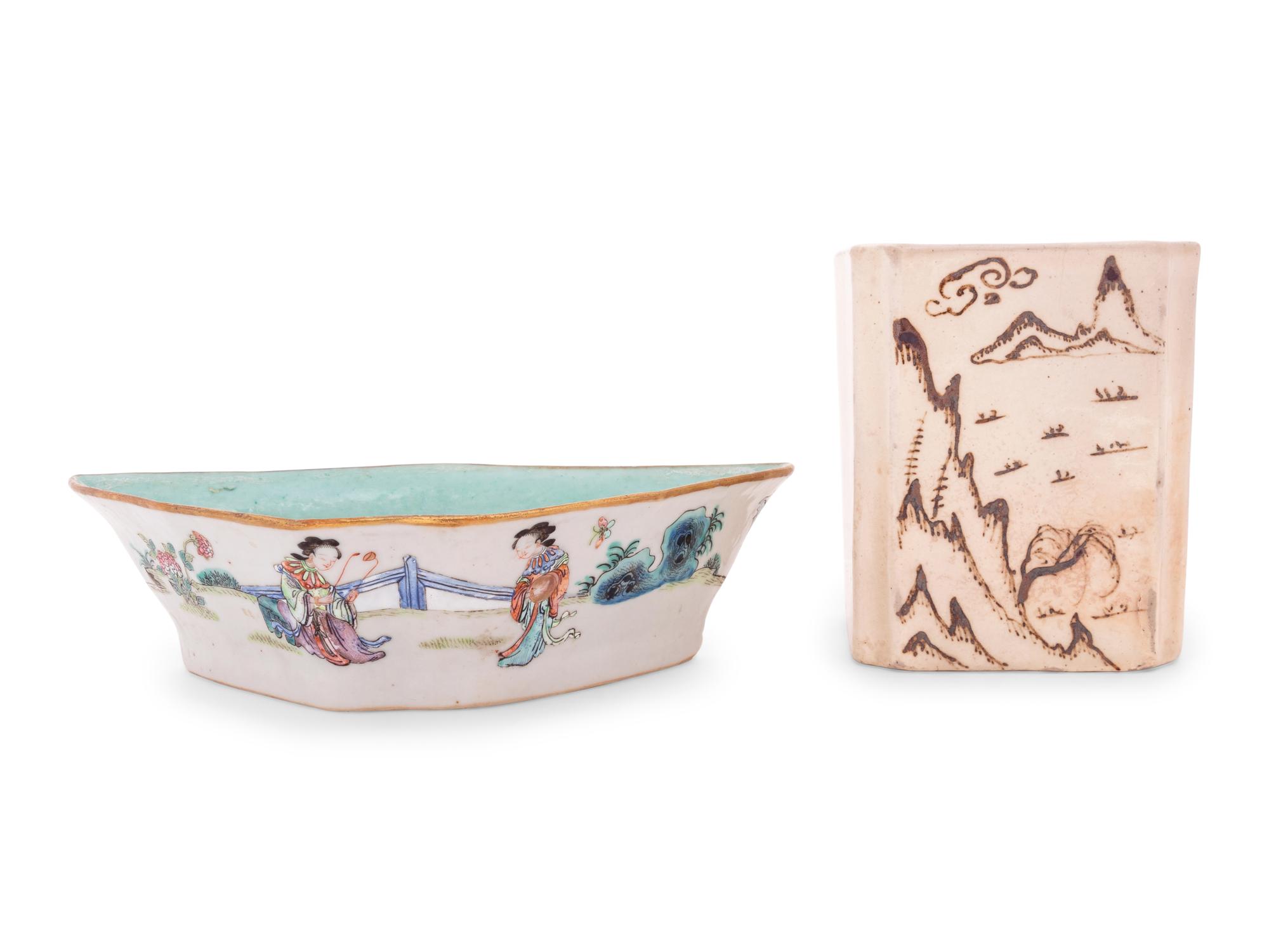Two Chinese Painted Porcelain Scholar's Objects