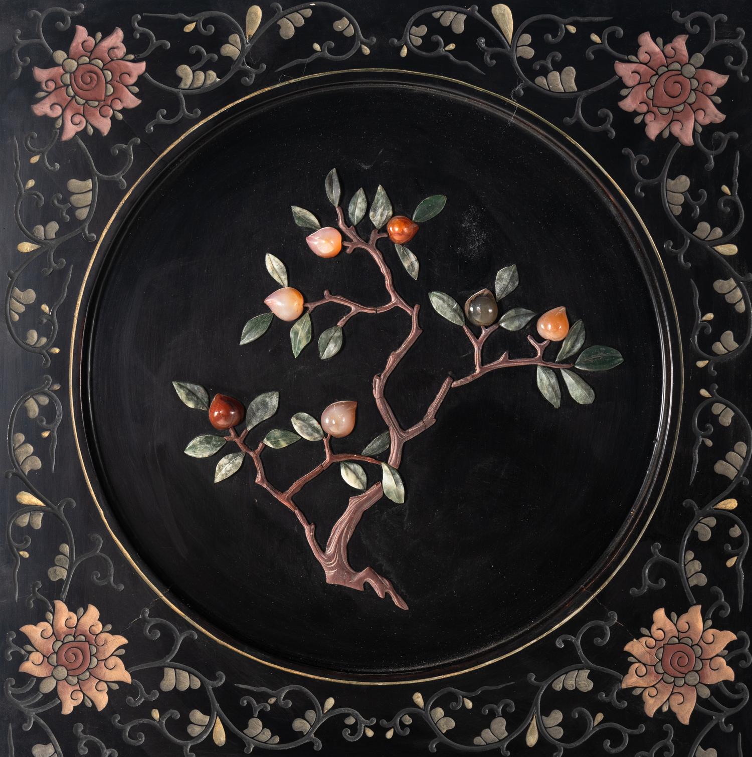 A Chinese Hardstone Embellished and Black Lacquered Six-Panel Floor Screen