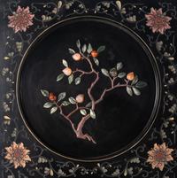 A Chinese Hardstone Embellished and Black Lacquered Six-Panel Floor Screen