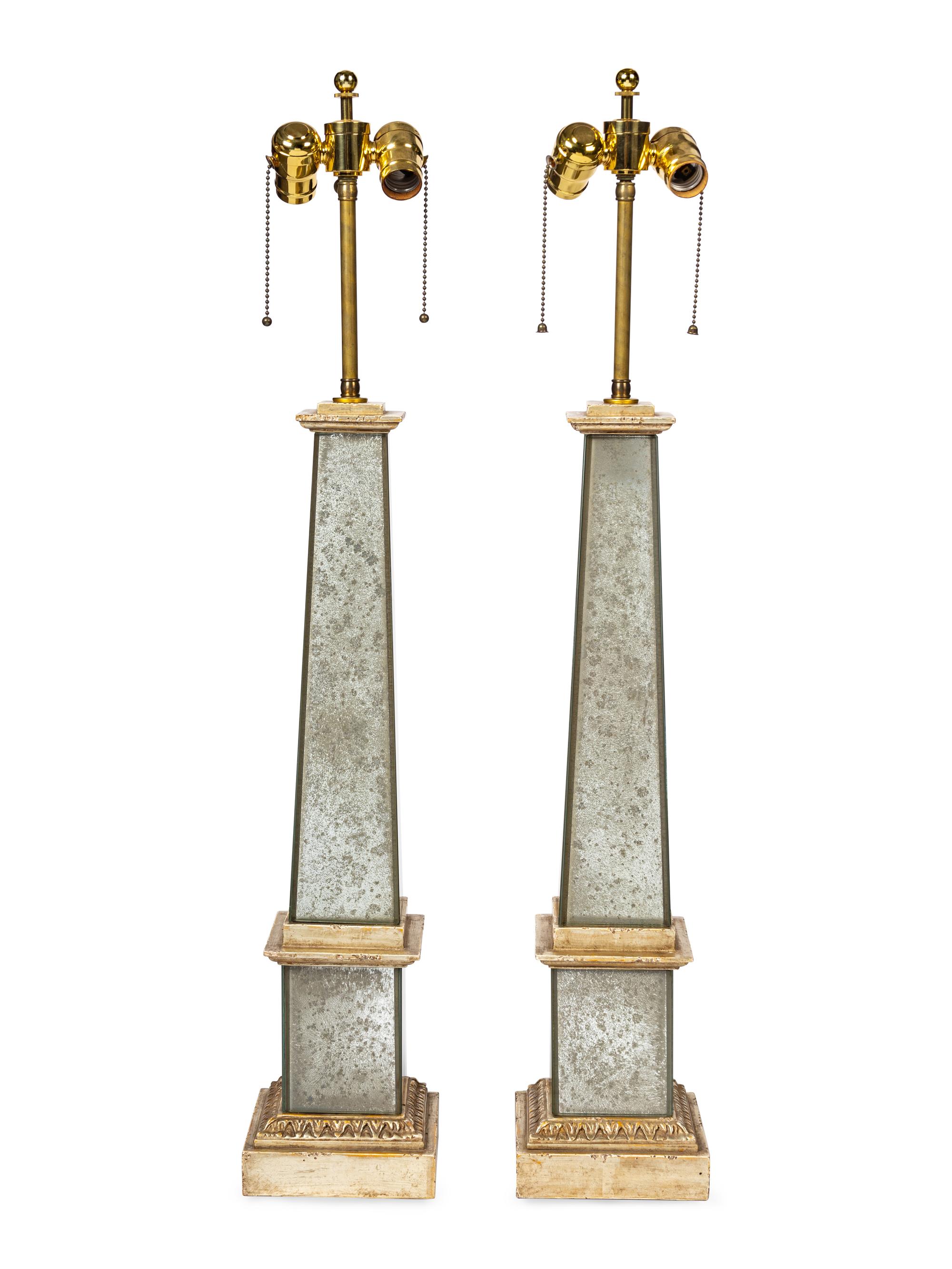 A Pair of Mirrored Obelisk Table Lamps