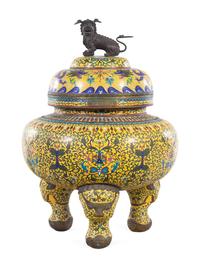 A Large Cloisonné Censer with a Temple Guardian Finial