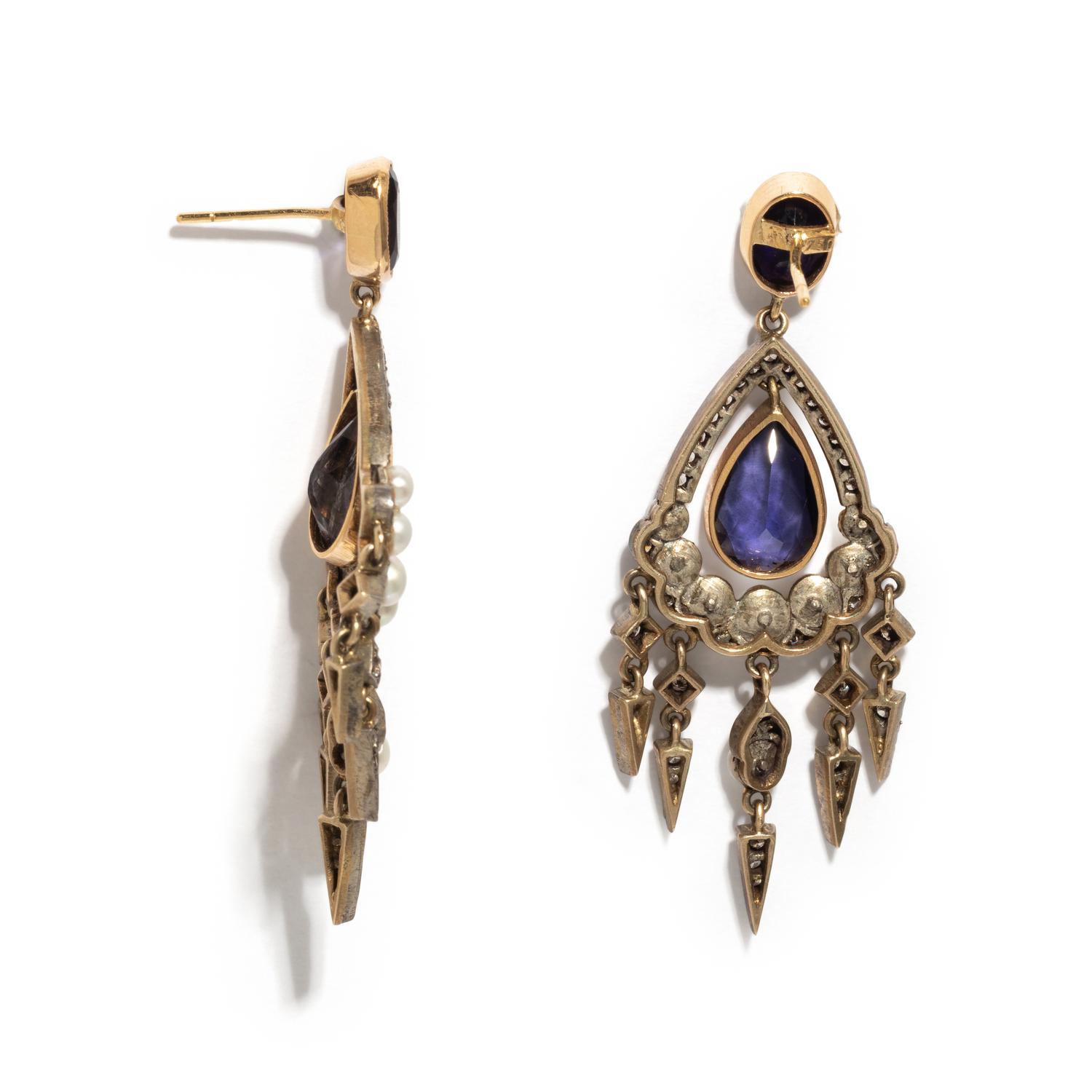 IOLITE, COLORED DIAMOND AND CULTURED PEARL EARRINGS