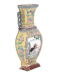 A Canton Enamel 'Horses' Wall Vase