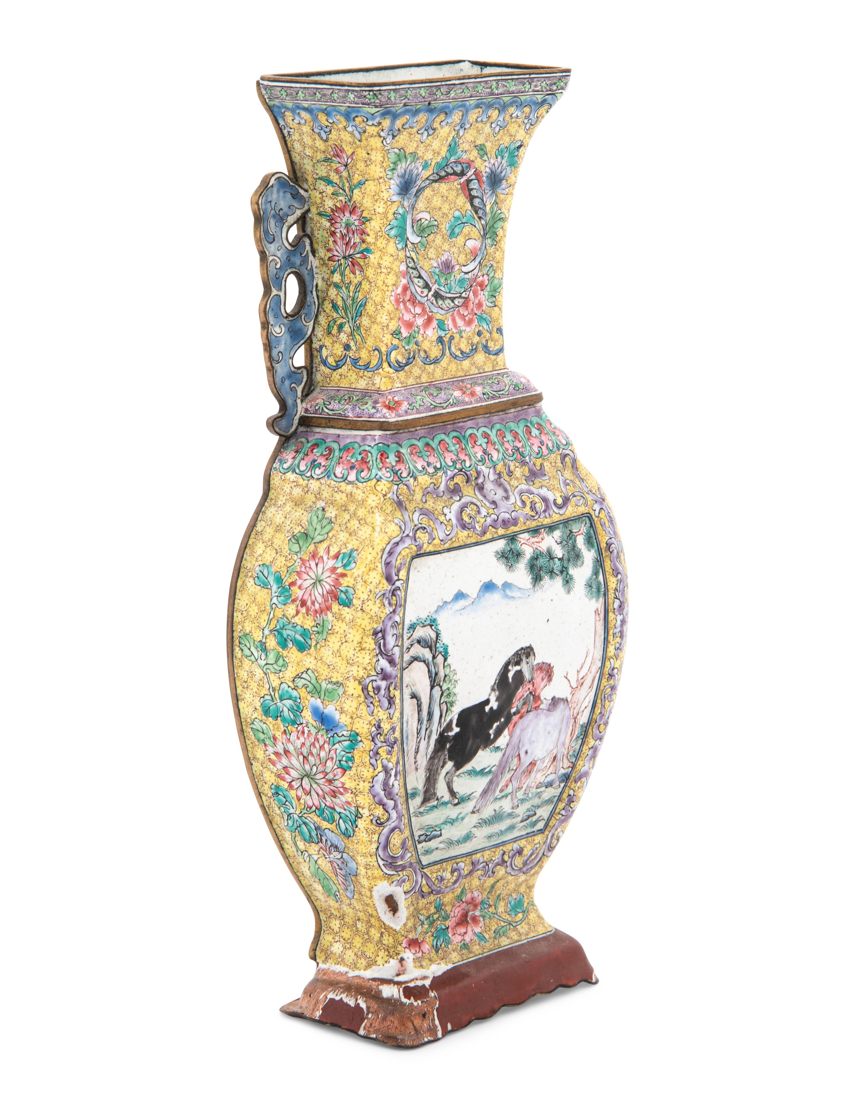 A Canton Enamel 'Horses' Wall Vase