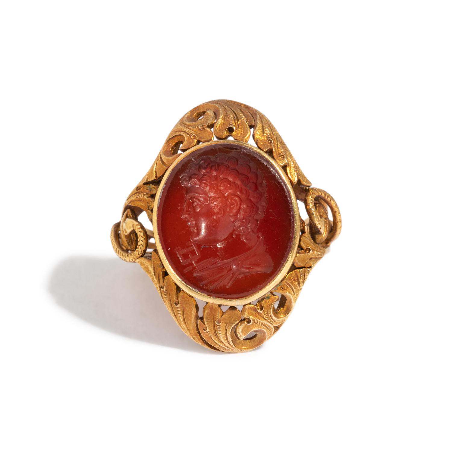 A Neoclassical Gold and Carnelian Finger Ring with a Male Portrait Bust