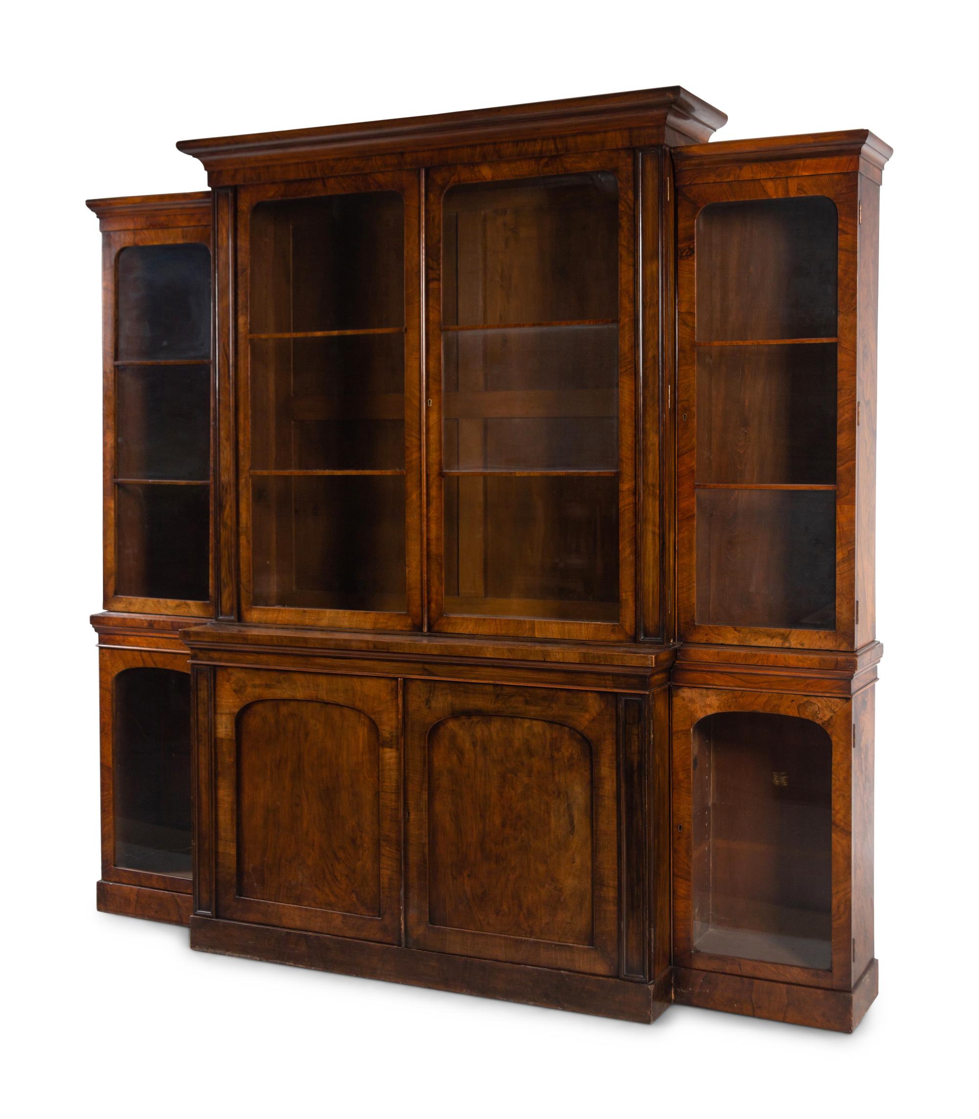 An English Walnut Breakfront Bookcase