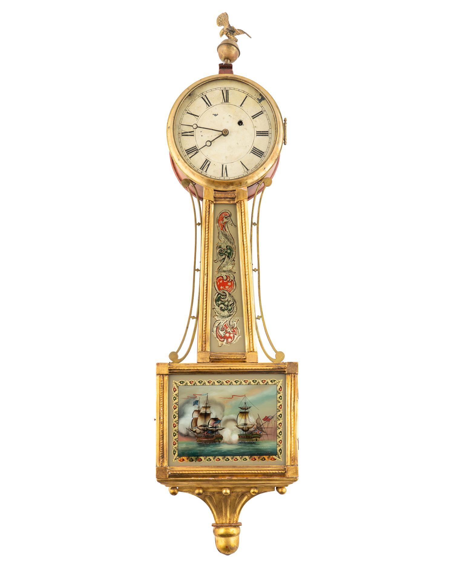 An Federal Parcel-Gilt and Eglomise Decorated Banjo Clock