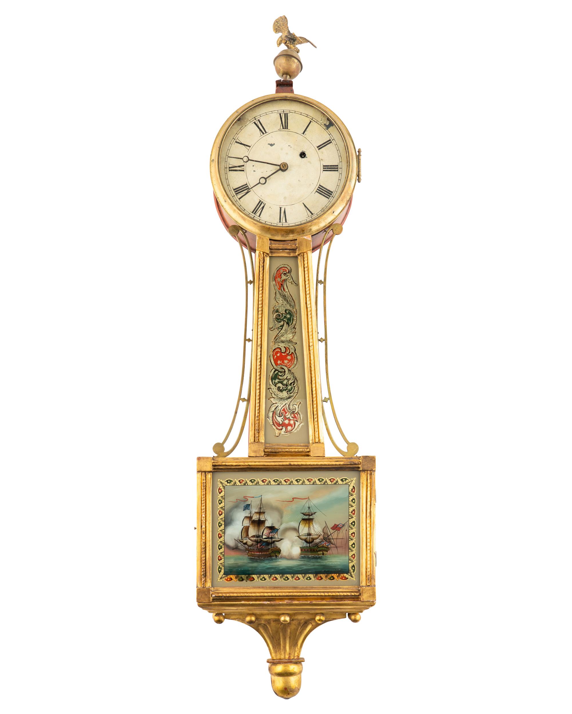 An Federal Parcel-Gilt and Eglomise Decorated Banjo Clock
