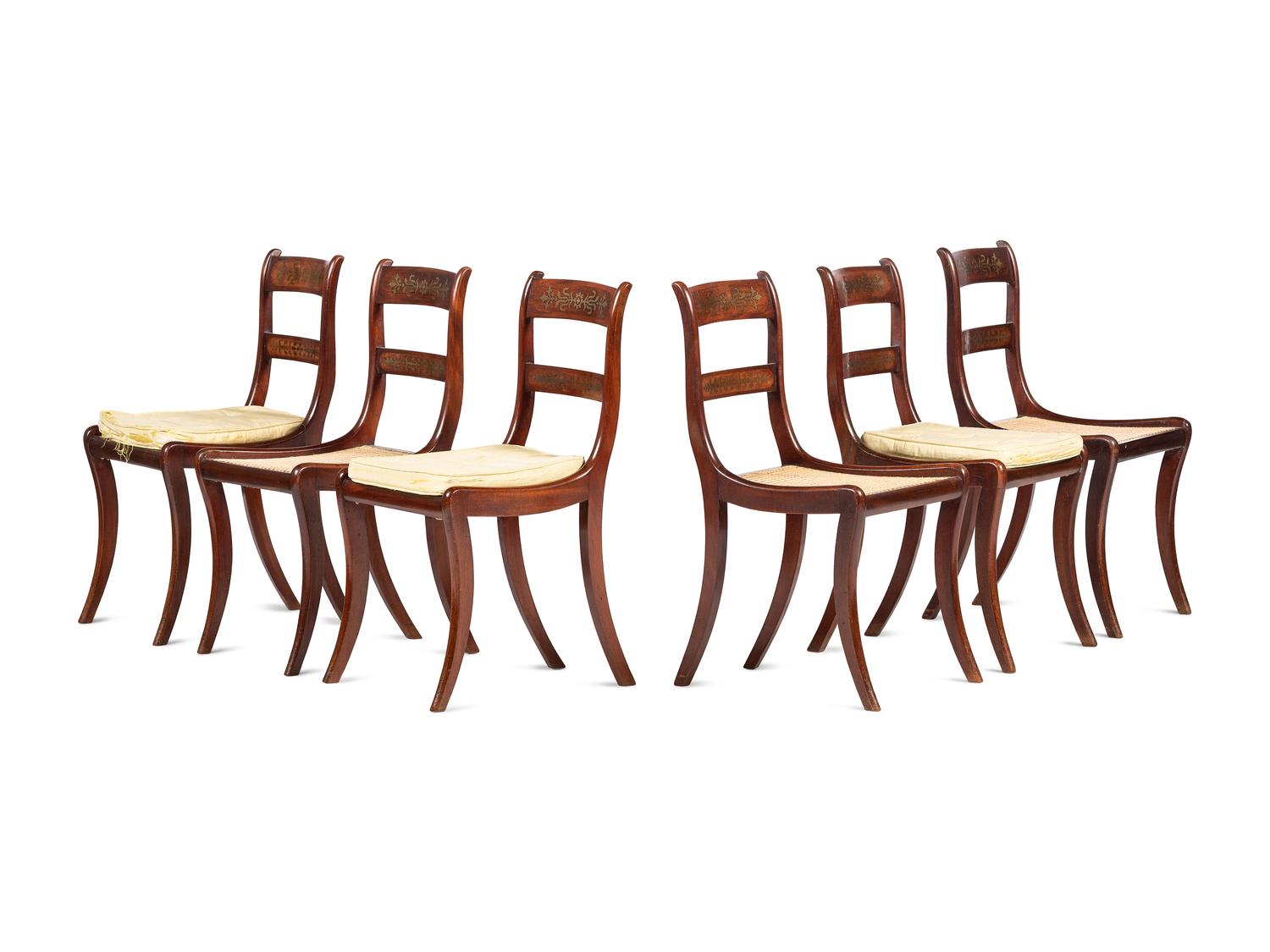 Six Regency Brass Inlaid Mahogany Side Chairs