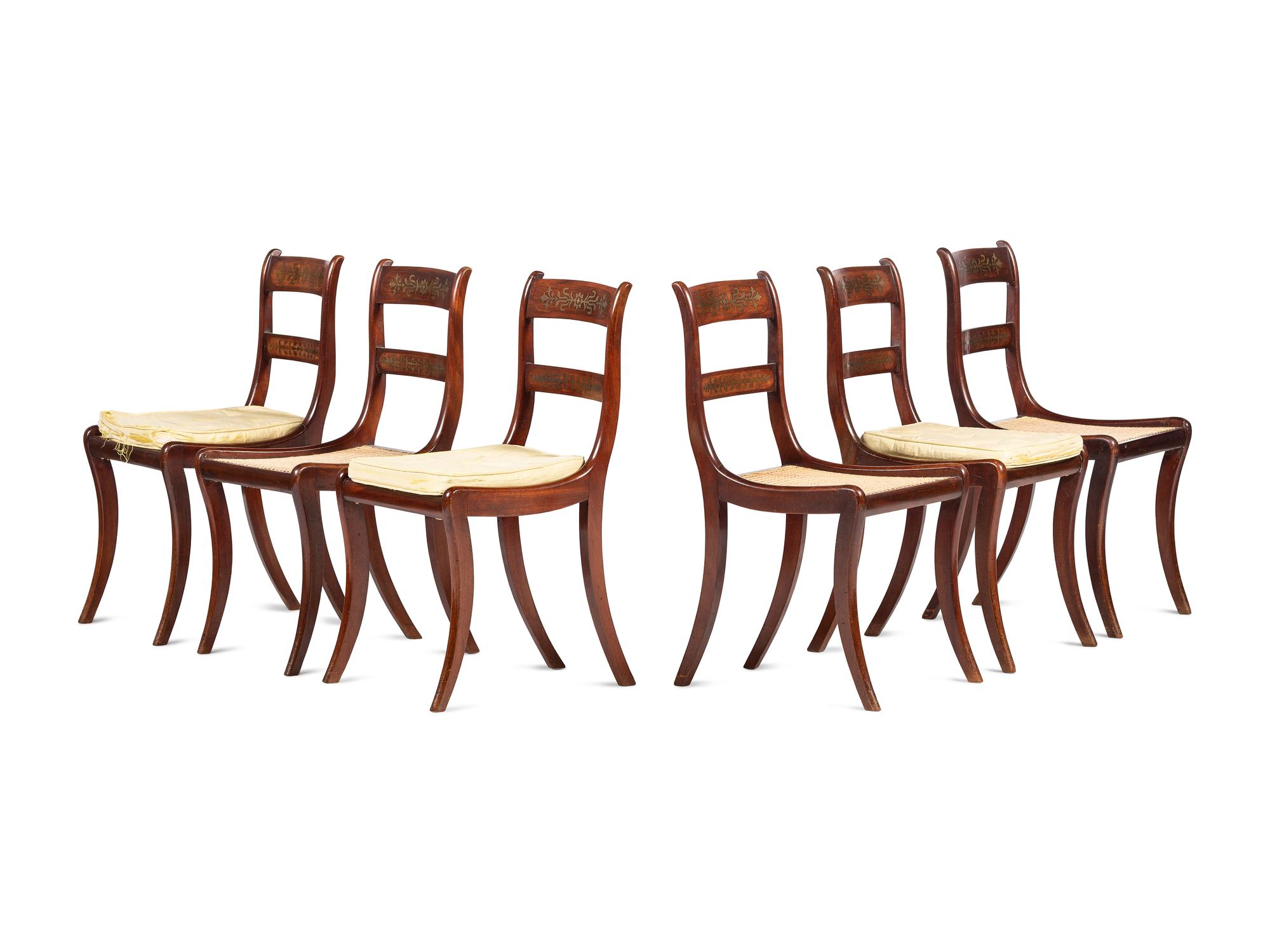 Six Regency Brass Inlaid Mahogany Side Chairs