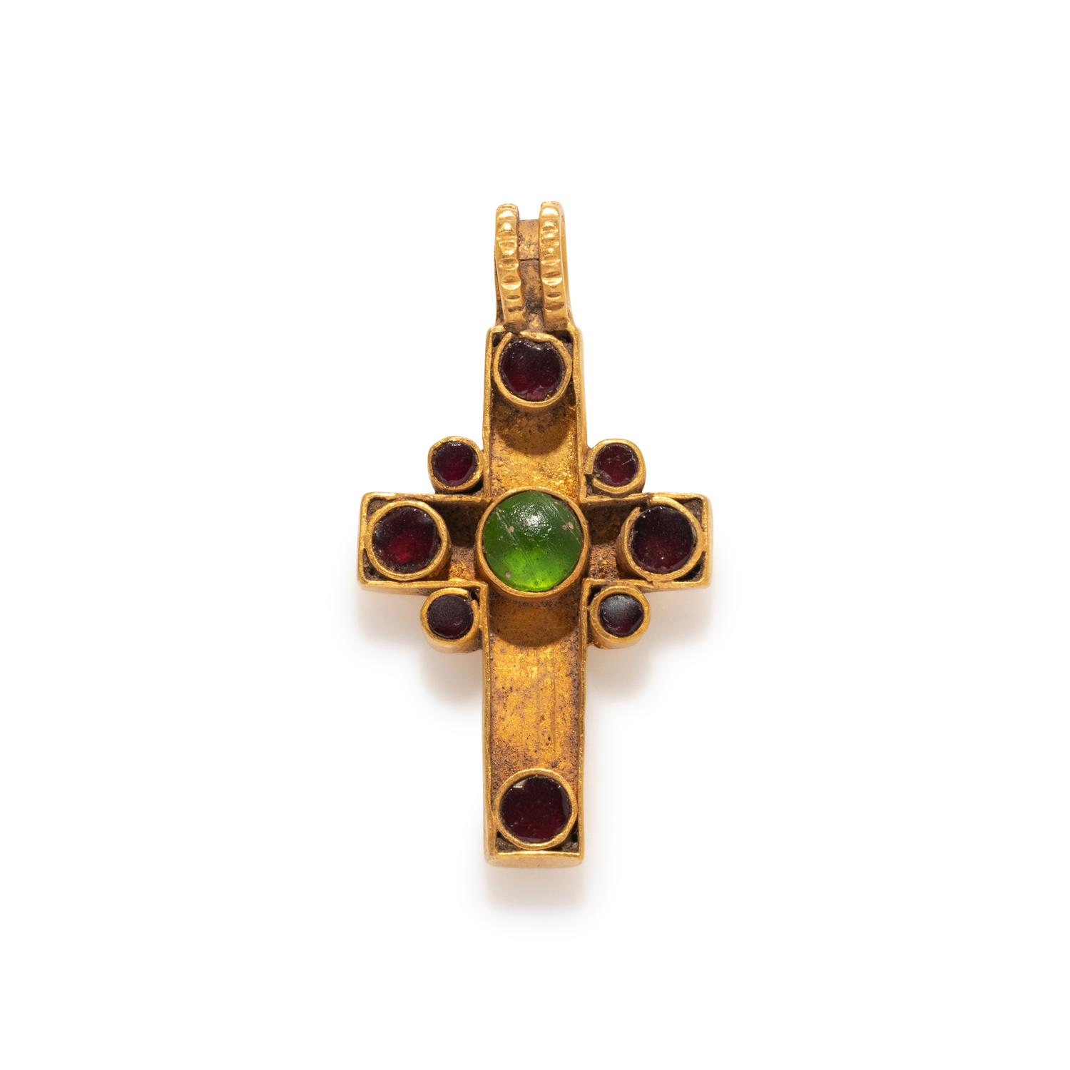A Byzantine Gold, Carnelian Red and Green Glass Cross Pendant
