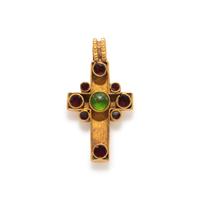 A Byzantine Gold, Carnelian Red and Green Glass Cross Pendant