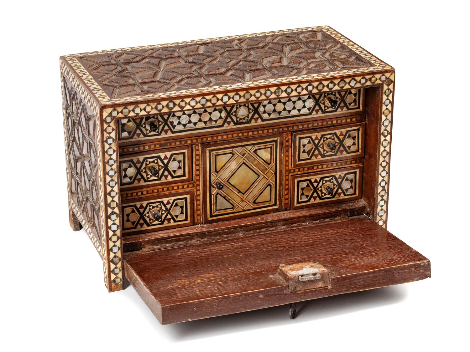 A Moorish Style Carved and Mother-of-Pearl Inlaid Table Casket