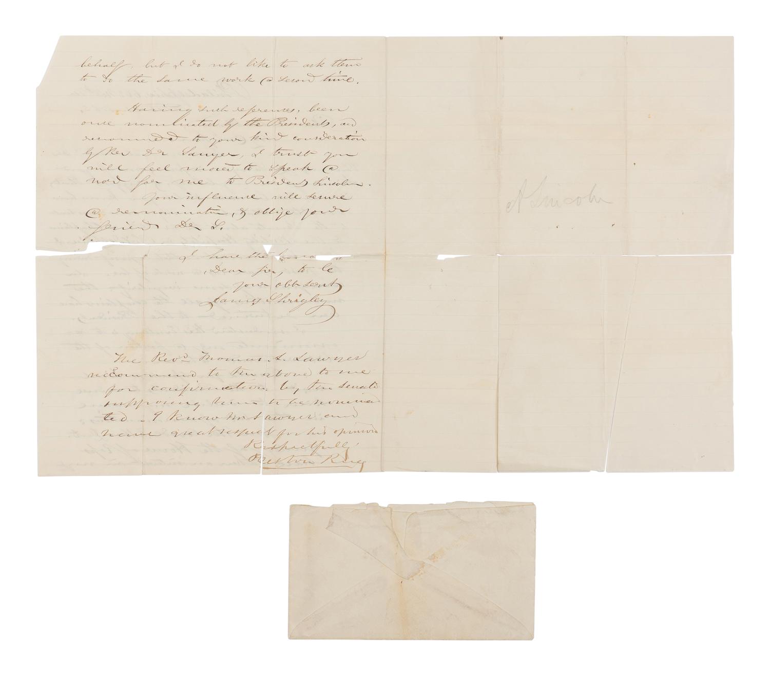 [LINCOLN, Abraham (1809-1865)]. SHRIGLEY, James (1813-1895). Autograph letter signed ("James Shrigley") to Preston King with an unsigned endorsement in Lincoln's hand, Philadelphia/[Washington, D.C.], Feb-March 1863.