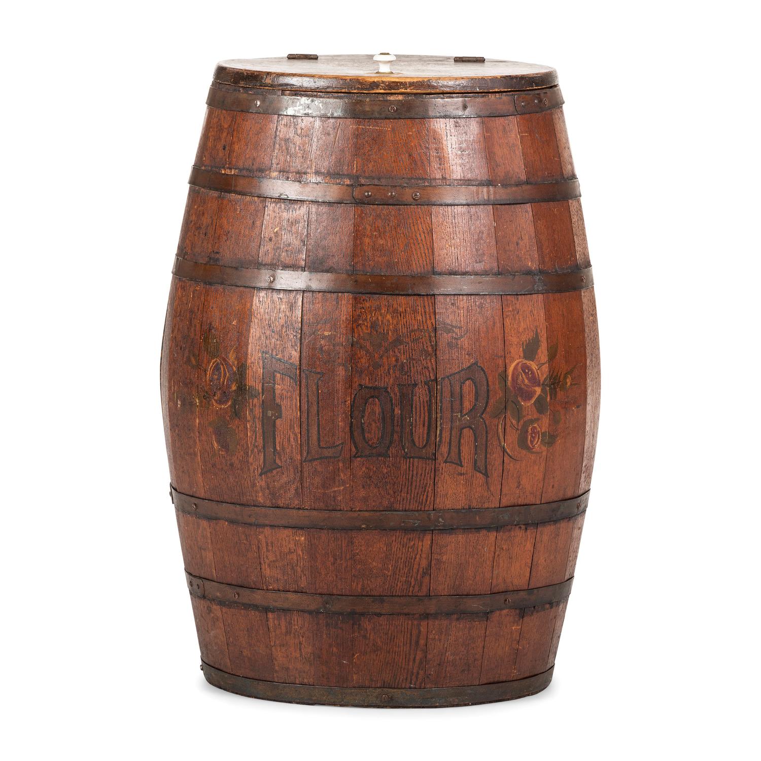 A Large Stenciled and Grain Painted Wood Flour Barrel
