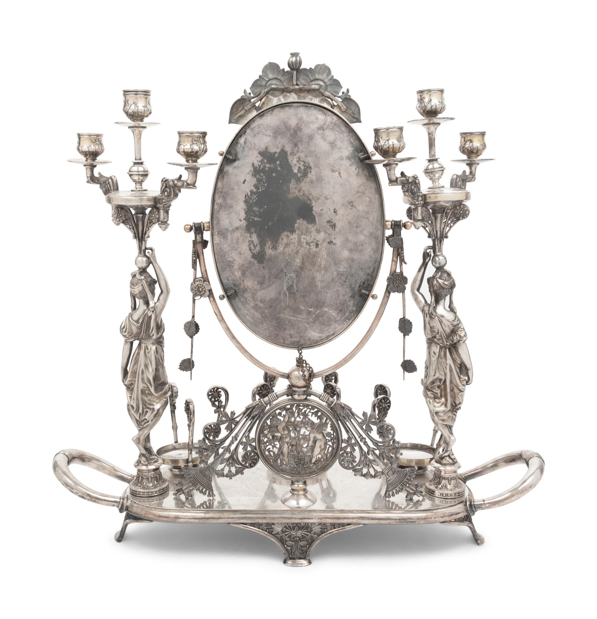 An American Silvered Bronze Figural Vanity Toilet Set