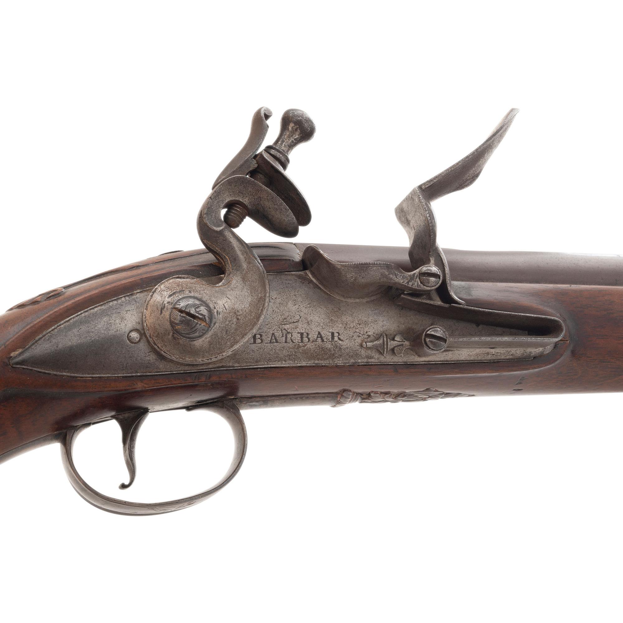 Pair of Silver Mounted English Flintlock Holster Pistols by Barbar